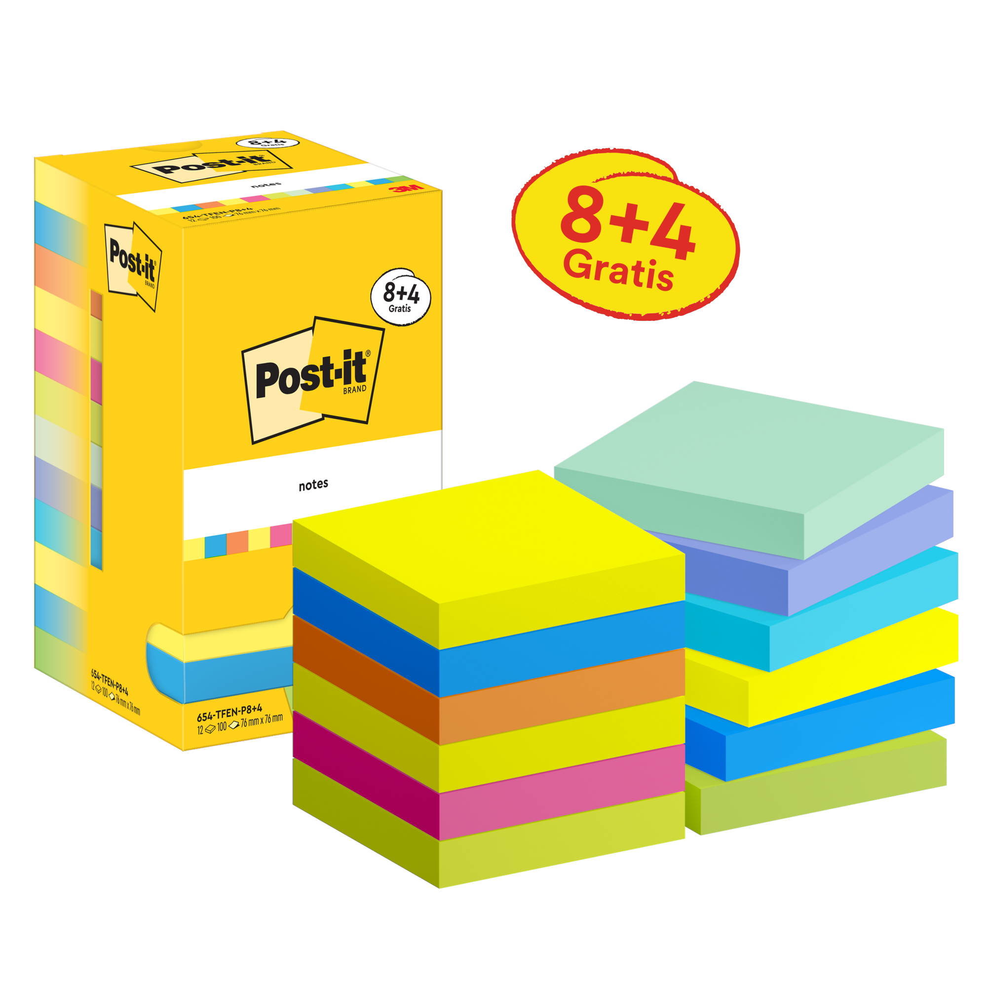 Post-it® Haftnotiz Notes Promotion Energetic Collection 76 x 76 mm (B x H) 4 x neongelb, je 2 x paradiseblau, vitalorange, powerpink, neongrün 100 Bl./Block 12 Block/Pack.