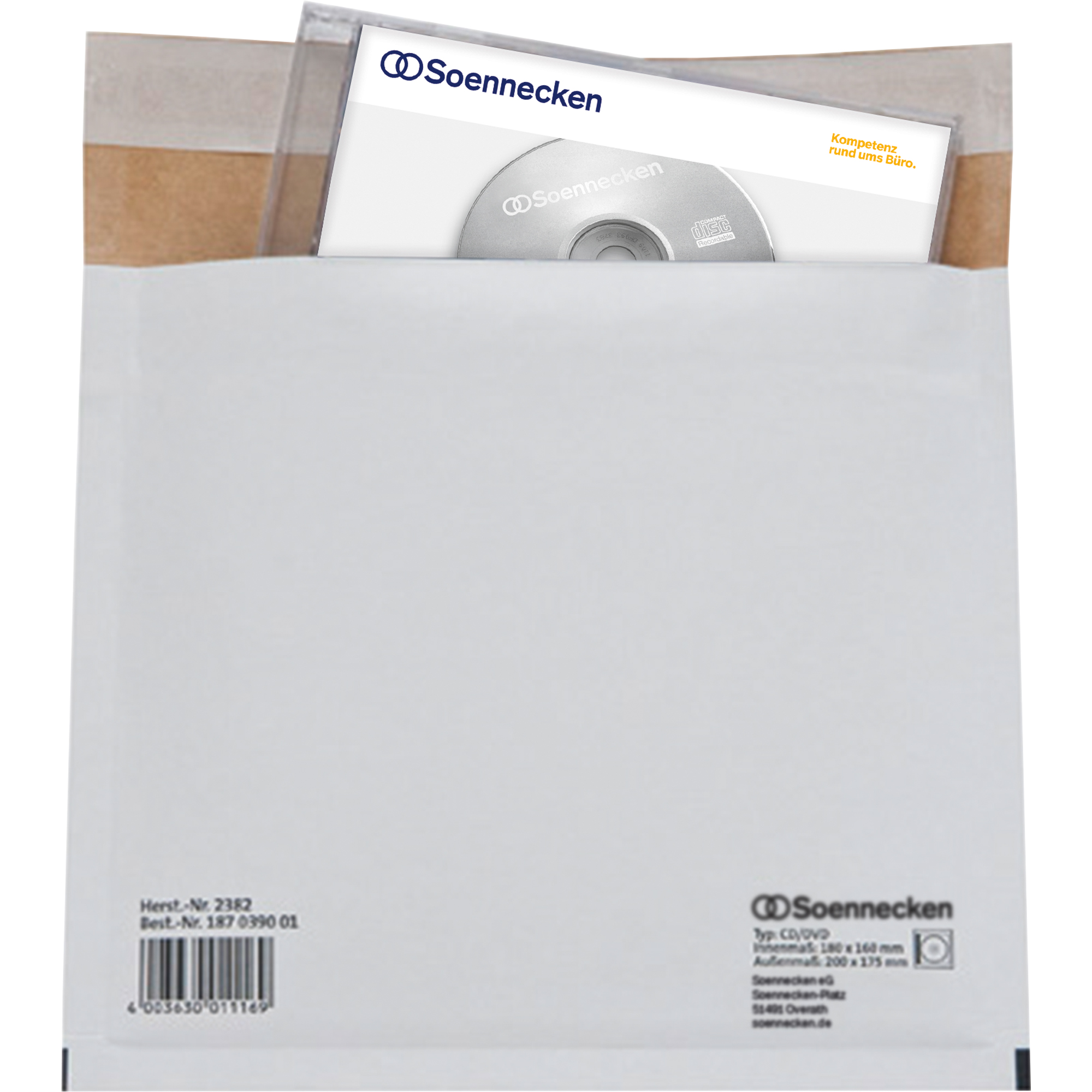 Soennecken CD/DVD Versandtasche 185 x 160 mm (B x H) 270g/m² ohne Fenster mit Haftklebung Karton weiß
