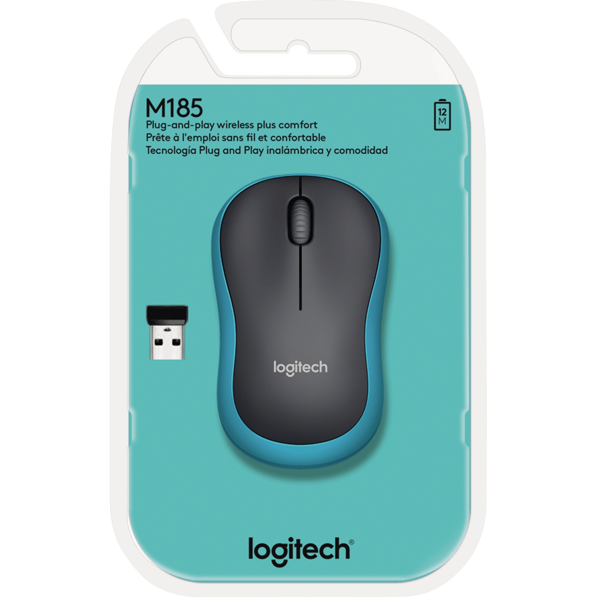 Logitech Optische PC Maus M185 Links- und Rechtshänder nicht ergonomisch USB-A bis 10m Batterie inkl. Nano-USB-Empfänger schwarz/blau