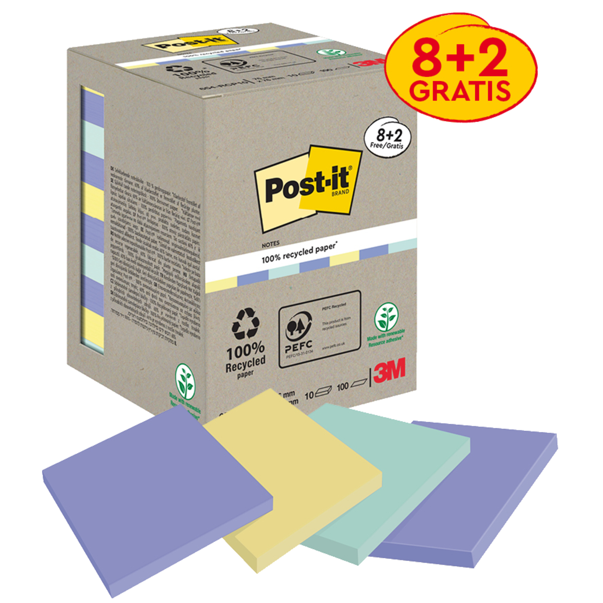 Post-it® Haftnotiz Recycling Notes 76 x 76 mm (B x H) je 3 x gelb, mint, 4 x hellblau 100 Bl./Block 10 Block/Pack.
