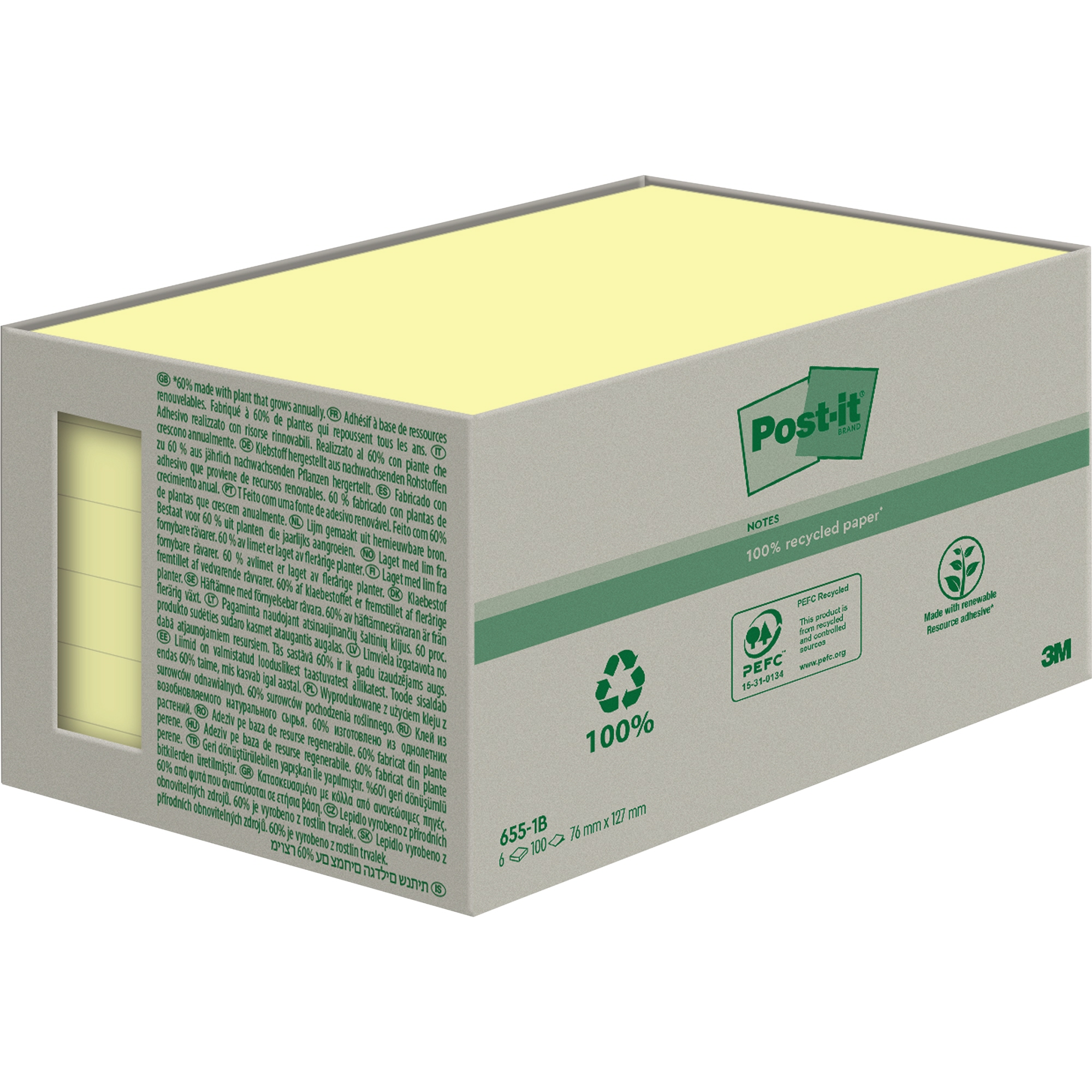 Post-it® Haftnotiz Recycling Notes 127 x 76 mm (B x H) gelb 100 Bl./Block 6 Block/Pack.