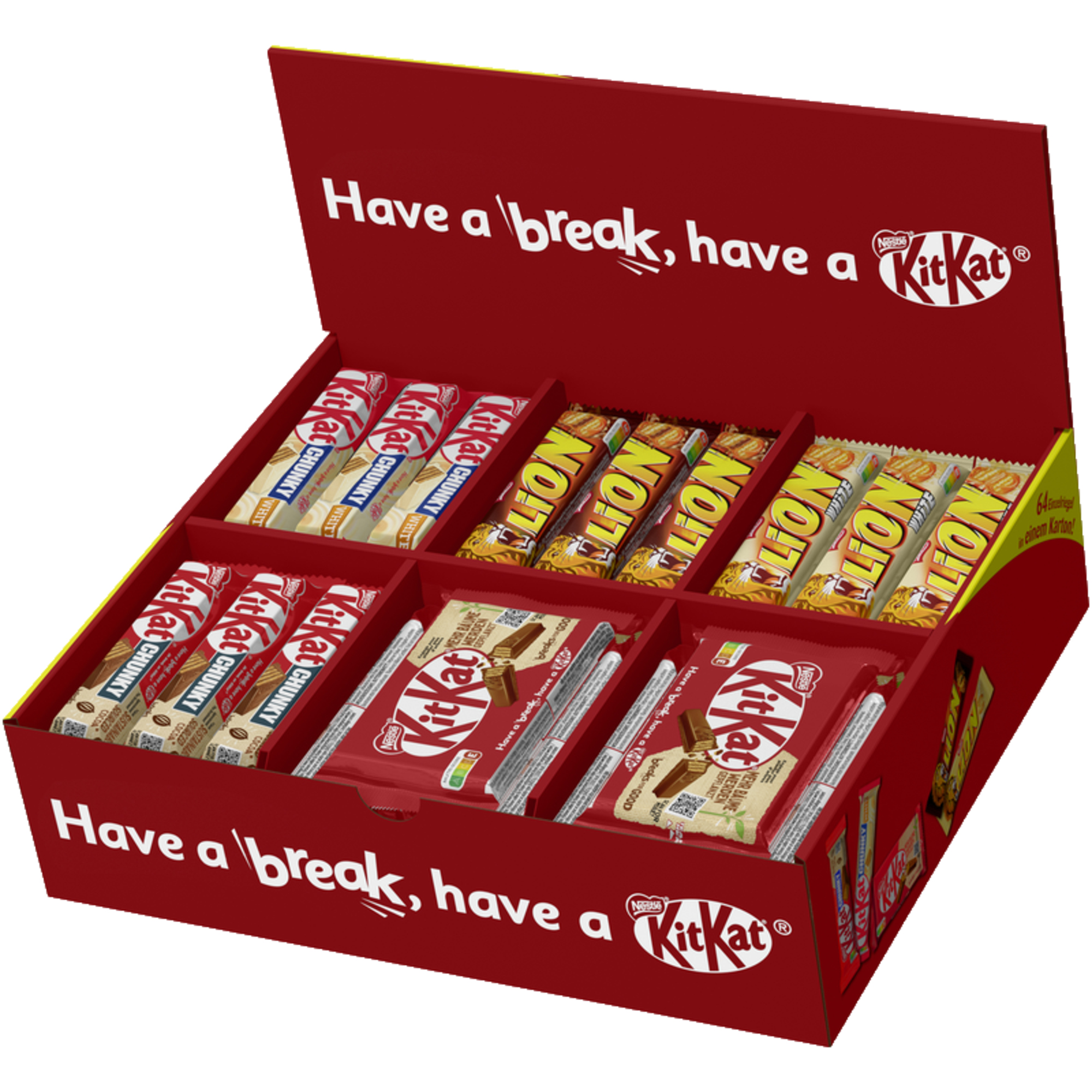 KitKat® Schokoriegel Topseller Box 12 x KitKat Chunky White 40 g, 12 x KitKat Chunky Classic 40 g, 22 x KitKat Classic 41,5 g, 9 x Lion Classic 42 g, 9 x Lion White 42 g 64 St./Pack.
