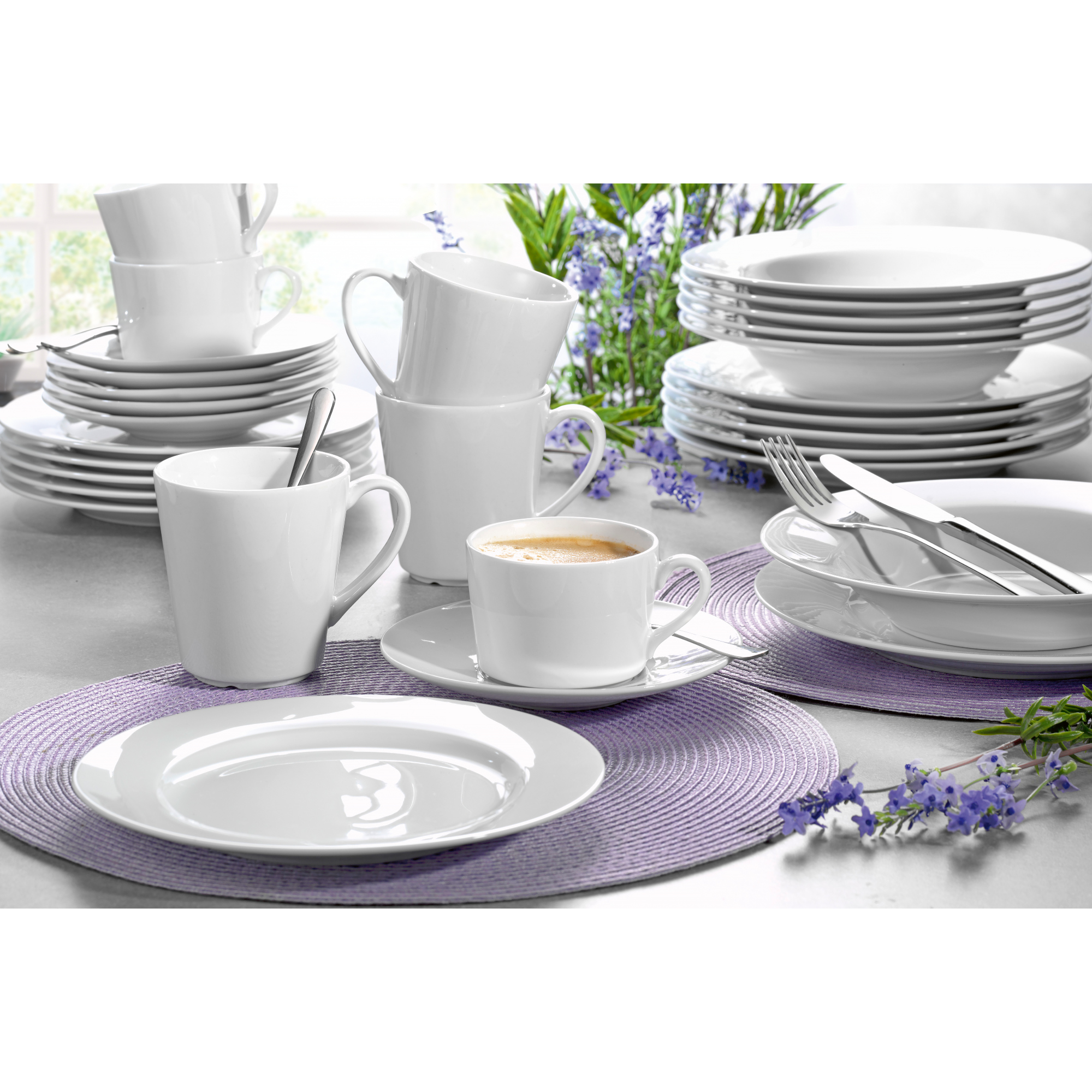 Esmeyer® Essservice Heike je 6 Kaffeetassen, Untertassen, Dessertteller, Speiseteller, Suppenteller Porzellan weiß