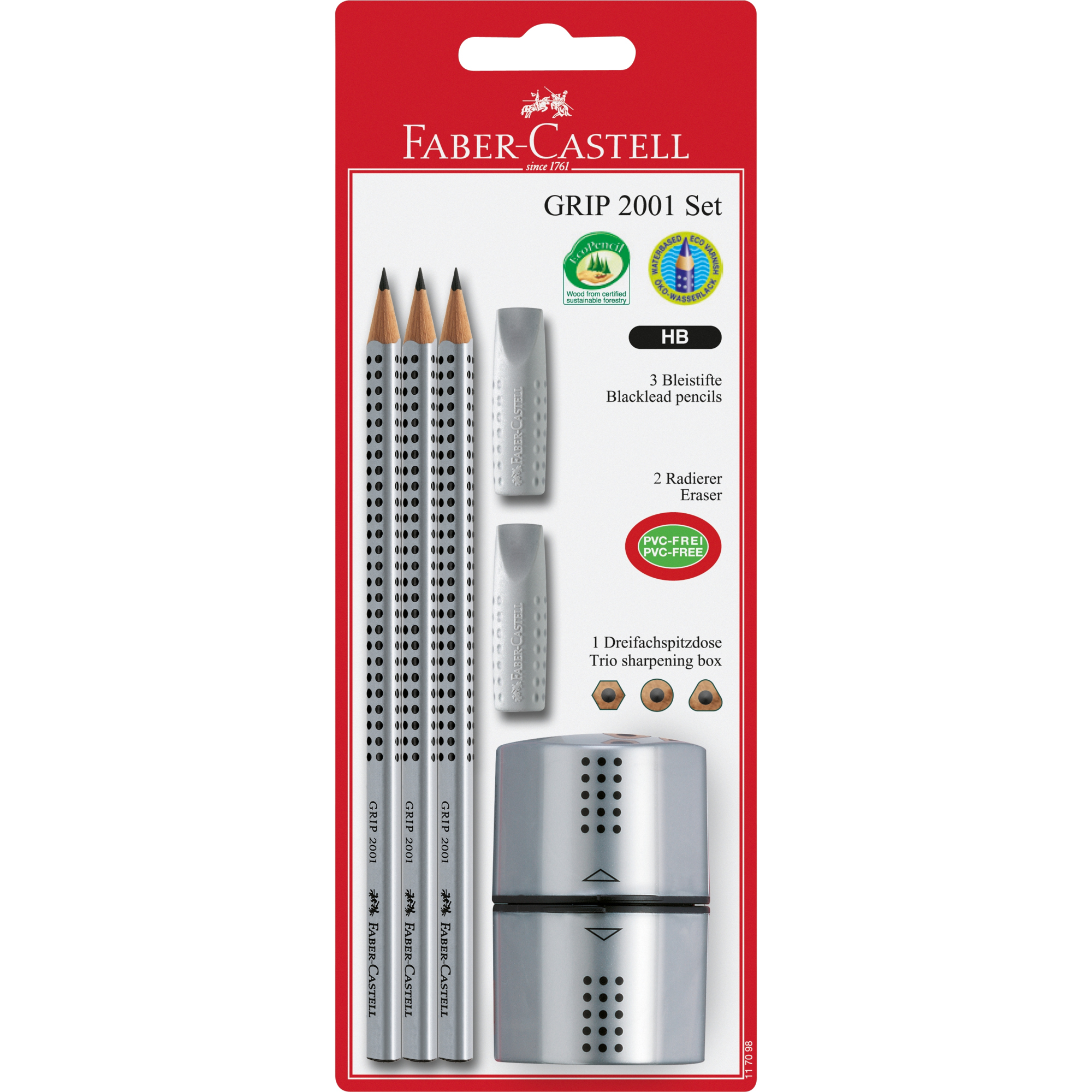 Faber-Castell Bleistiftset GRIP 2001 3 x Bleistifte, 1 x Dreifachspitzdose, 2 x Radierer HB silbergrau