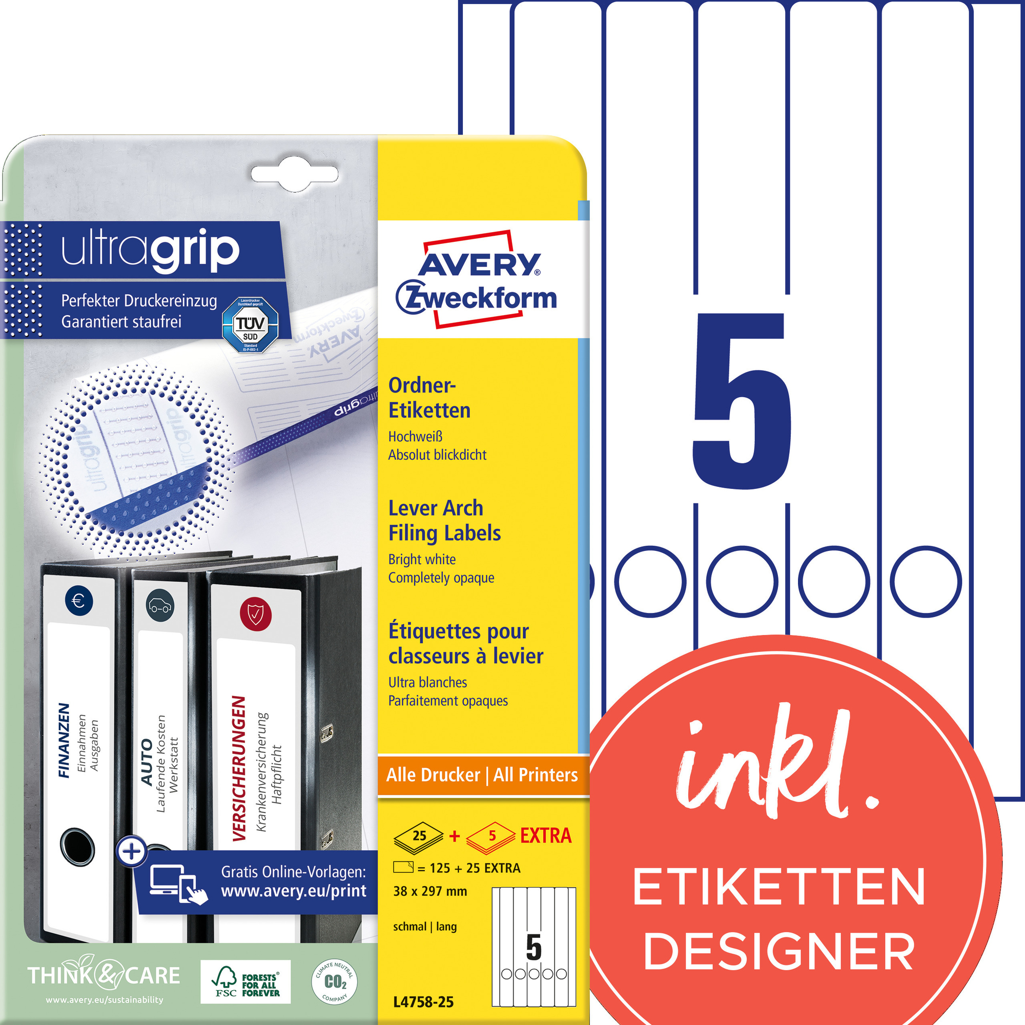 Avery Zweckform Ordnerrückenetikett ultragrip schmal/lang 38 x 297 mm (B x H) selbstklebend mit Griffloch weiß 150 Etik./Pack.