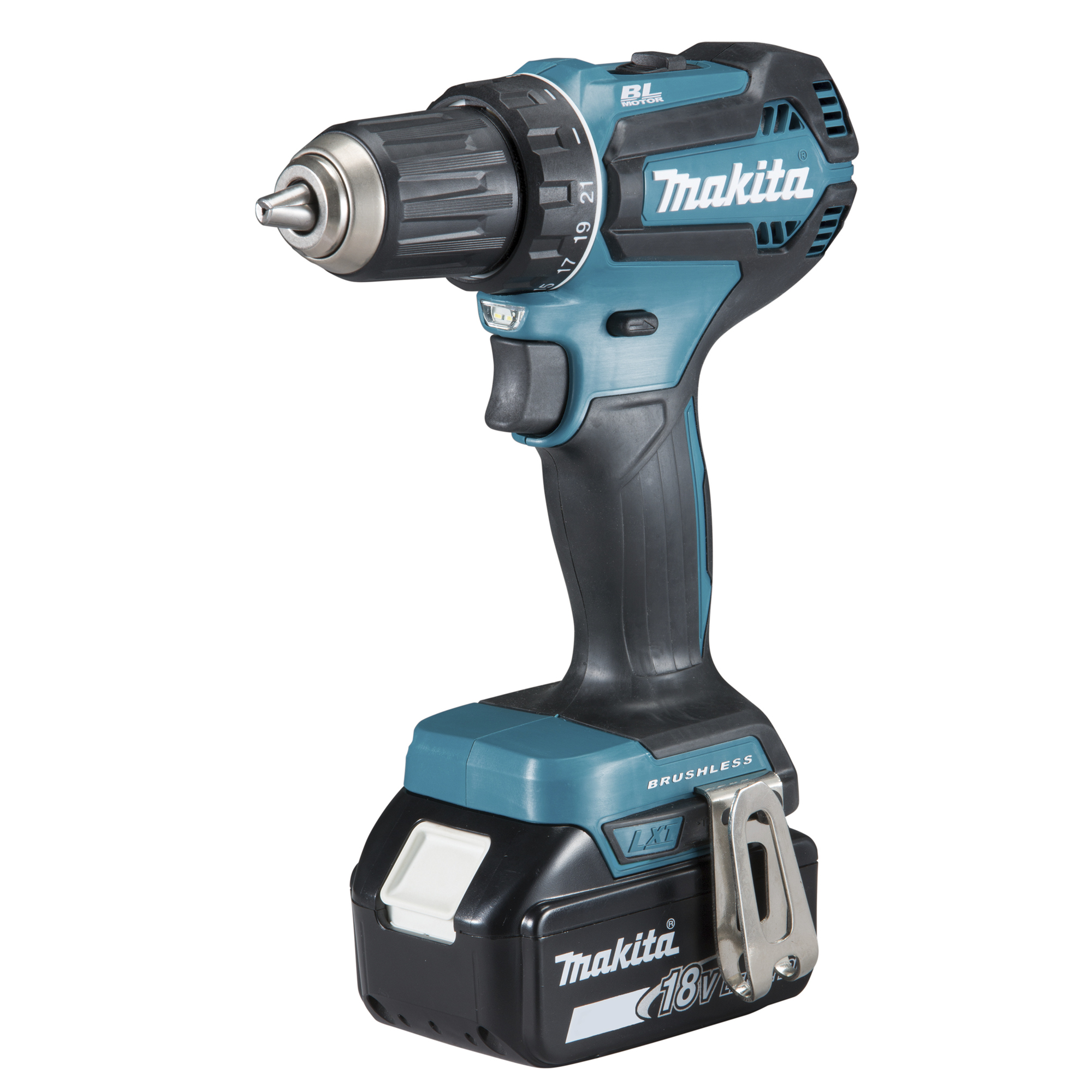 Makita® Akkubohrschrauber DDF485RFJ 1.900 U/Min. Akku Li-Ion 18V inkl. Einhängebügel, 2 x Akku BL1830B, Schnellladegerät DC18RC, PH/LS Doppelbit, PAKPAC (Gr. 2), Tiefziehteil für MAKPAC