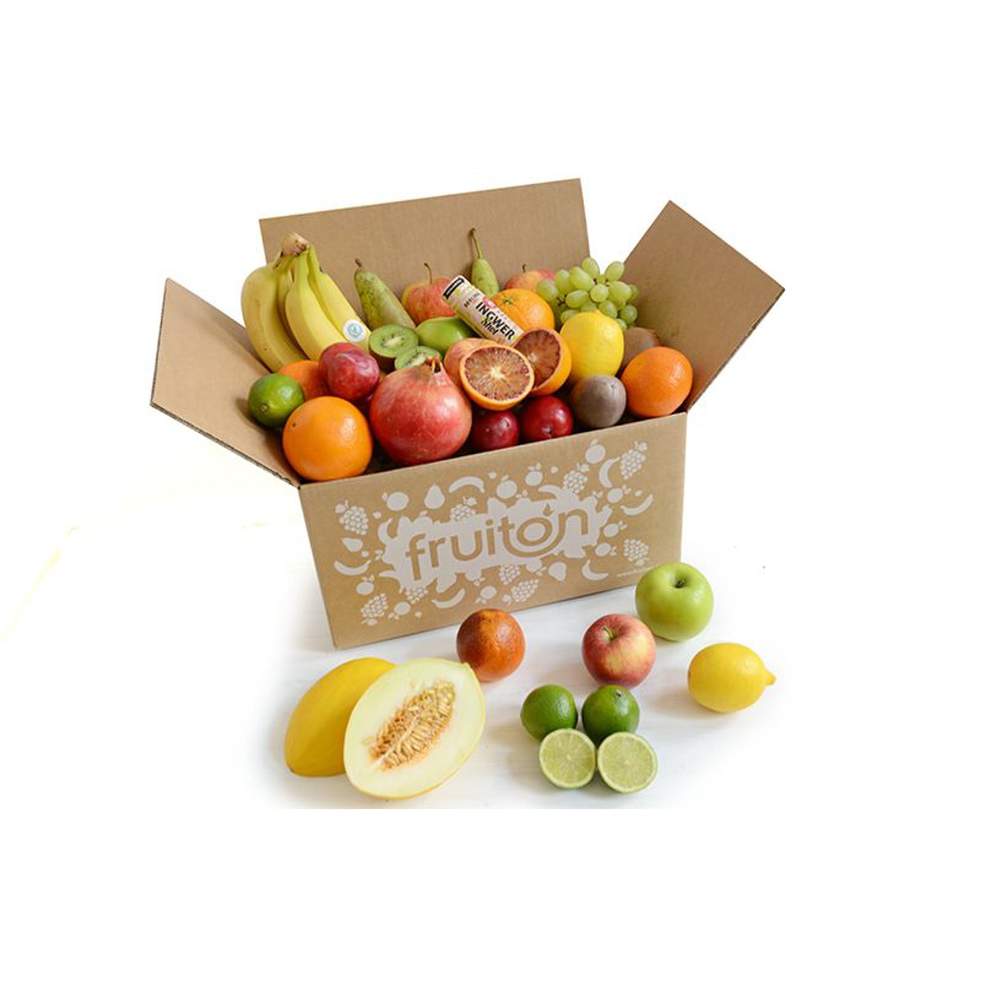 Obstpaket Vitamin Box Größe: XL Bananen, Äpfel, Birnen, Kiwis, Orangen, kernlose Weintrauben (250 g), 1 x Granatapfel, 2 x Zitronen, 4 x Limetten, 3 x saisonale Sorten, 1 x Ingwer-Shot (60 ml) 6kg
