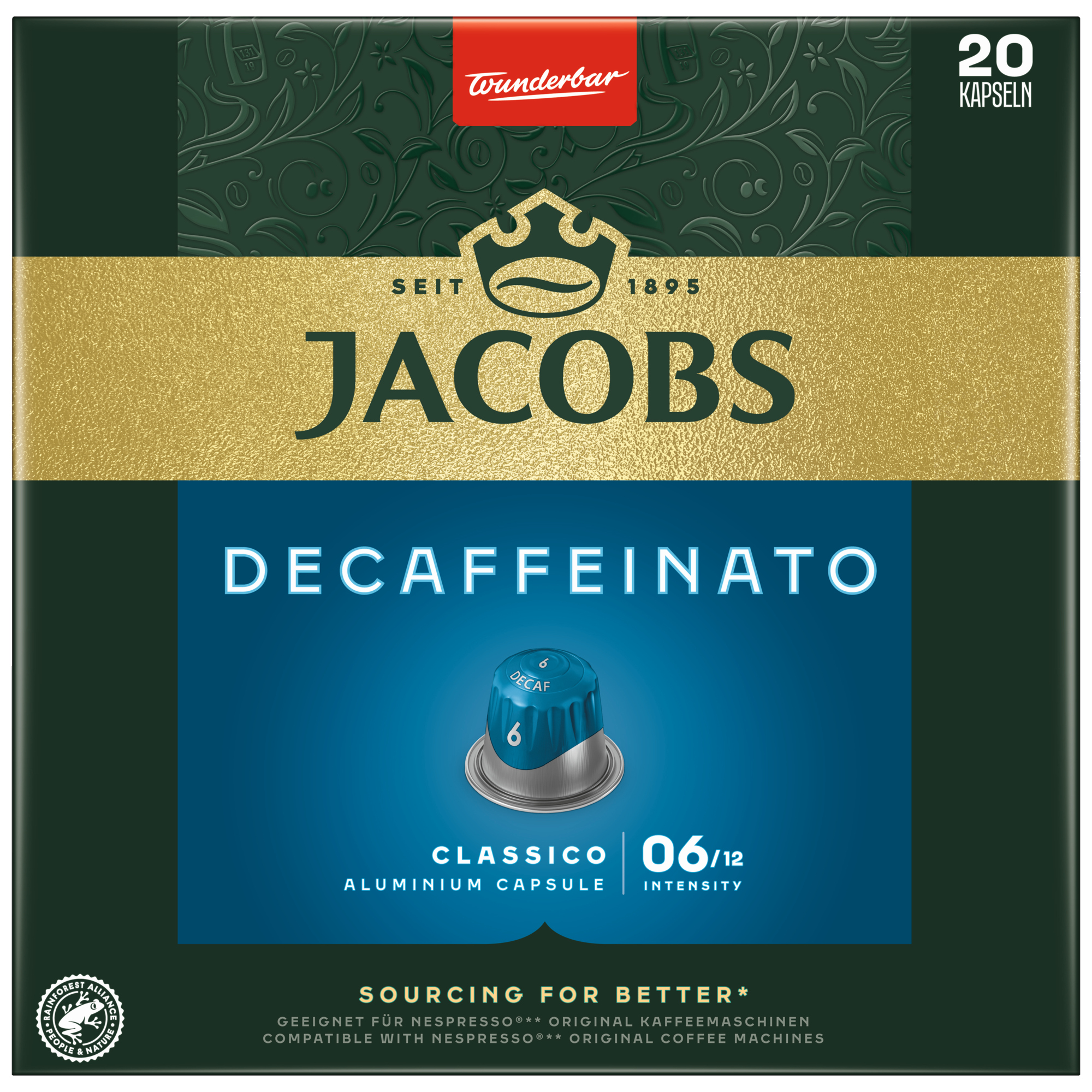 JACOBS Kaffeekapsel Decaffeinato 6 Nespresso® Maschine Lungo Intensität: 6 20 x 5,2 g/Pack.