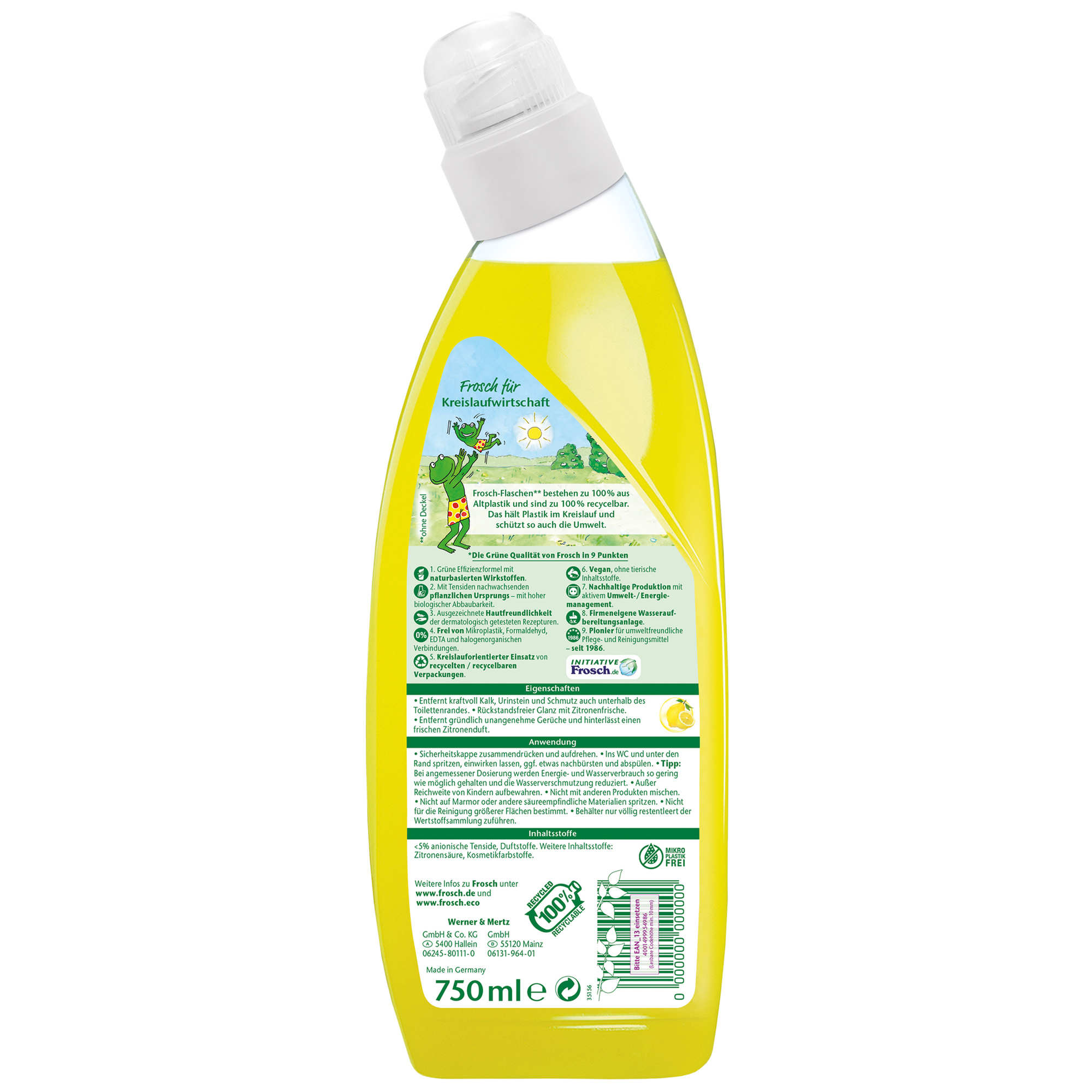 Frosch WC-Reiniger Zitrone biologisch abbaubar frei von Mikroplastik pH-Wert: 2,5 Flasche 100 % Altplastik 0,75l