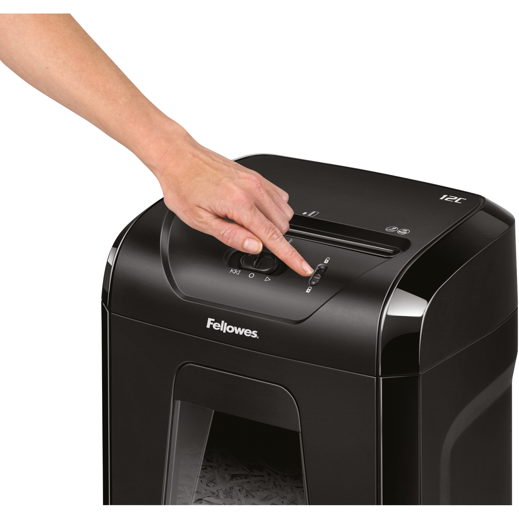 Fellowes® Aktenvernichter Powershred® 12C P-4 Papier, Heftklammern, Büroklammern, Kreditkarten Partikelschnitt 12 Bl. schwarz