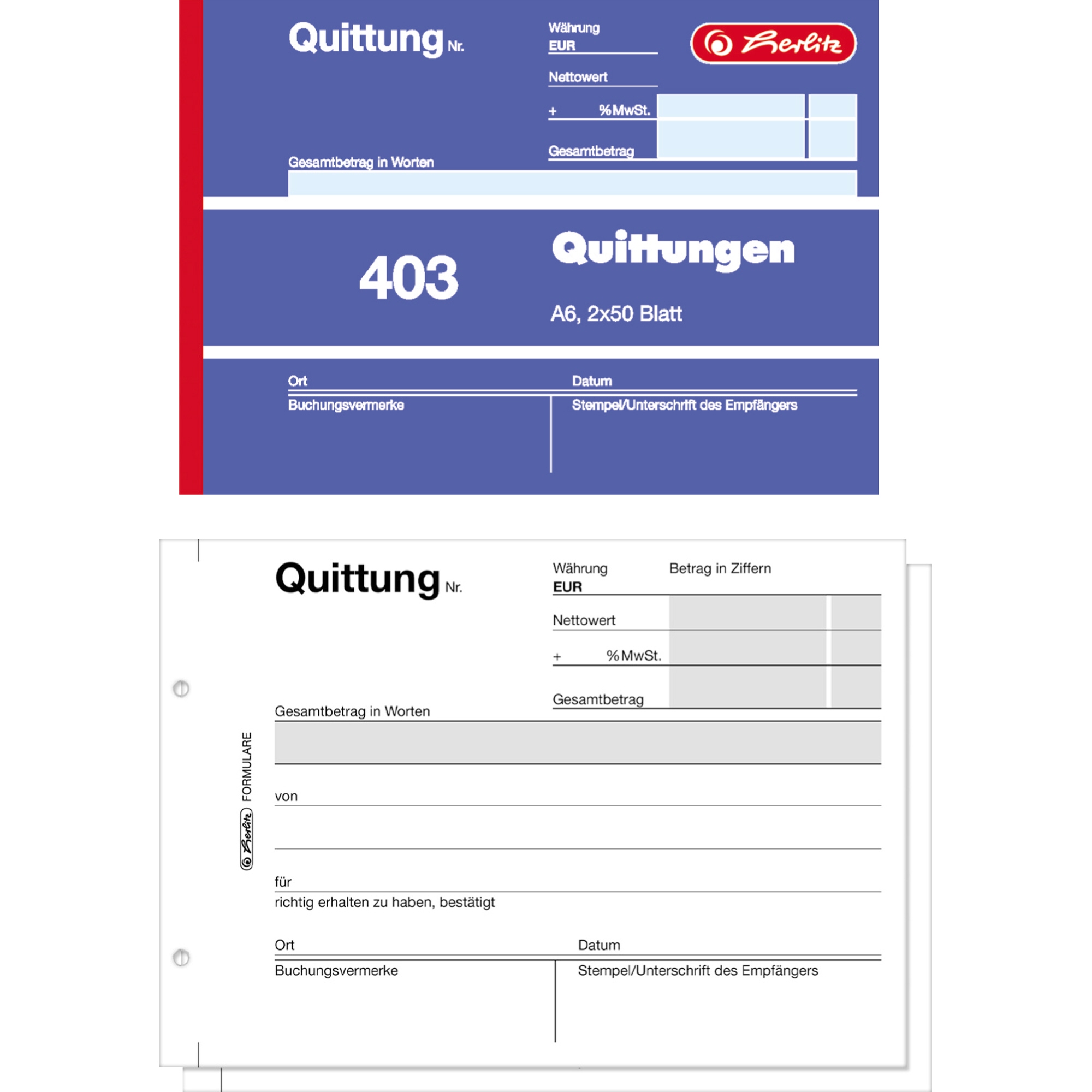 Herlitz Quittungsblock DIN A6 quer nicht selbstdurchschreibend 1 Durchschlag 2 x 50 Bl.