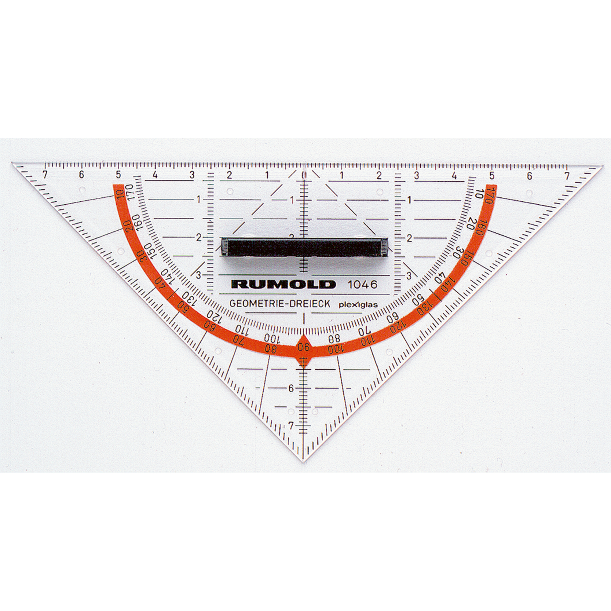 RUMOLD Geometriedreieck 16cm mit farbig hinterlegten Winkelgraden mit Griff Acrylglas transparent