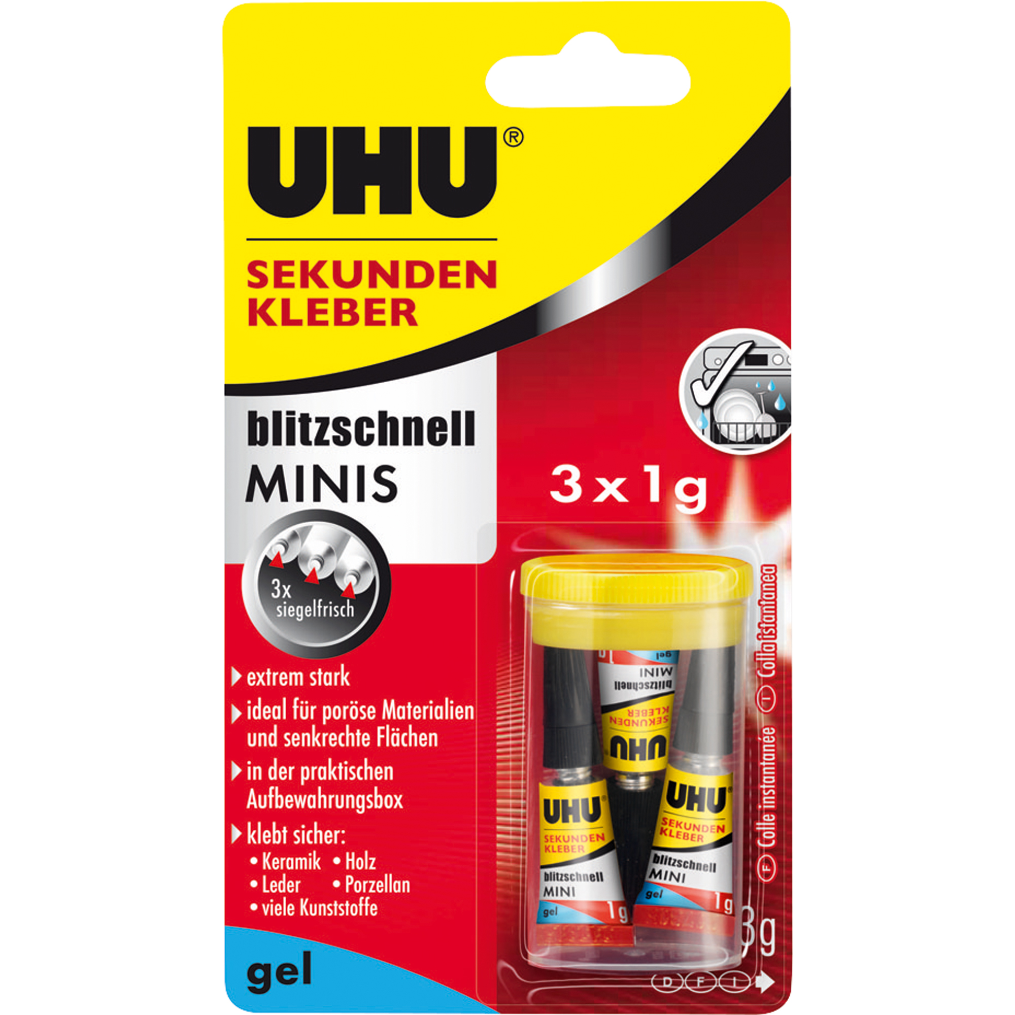 UHU® Sekundenkleber blitzschnell MINIS Gel universell 3 x 1 g/Pack.