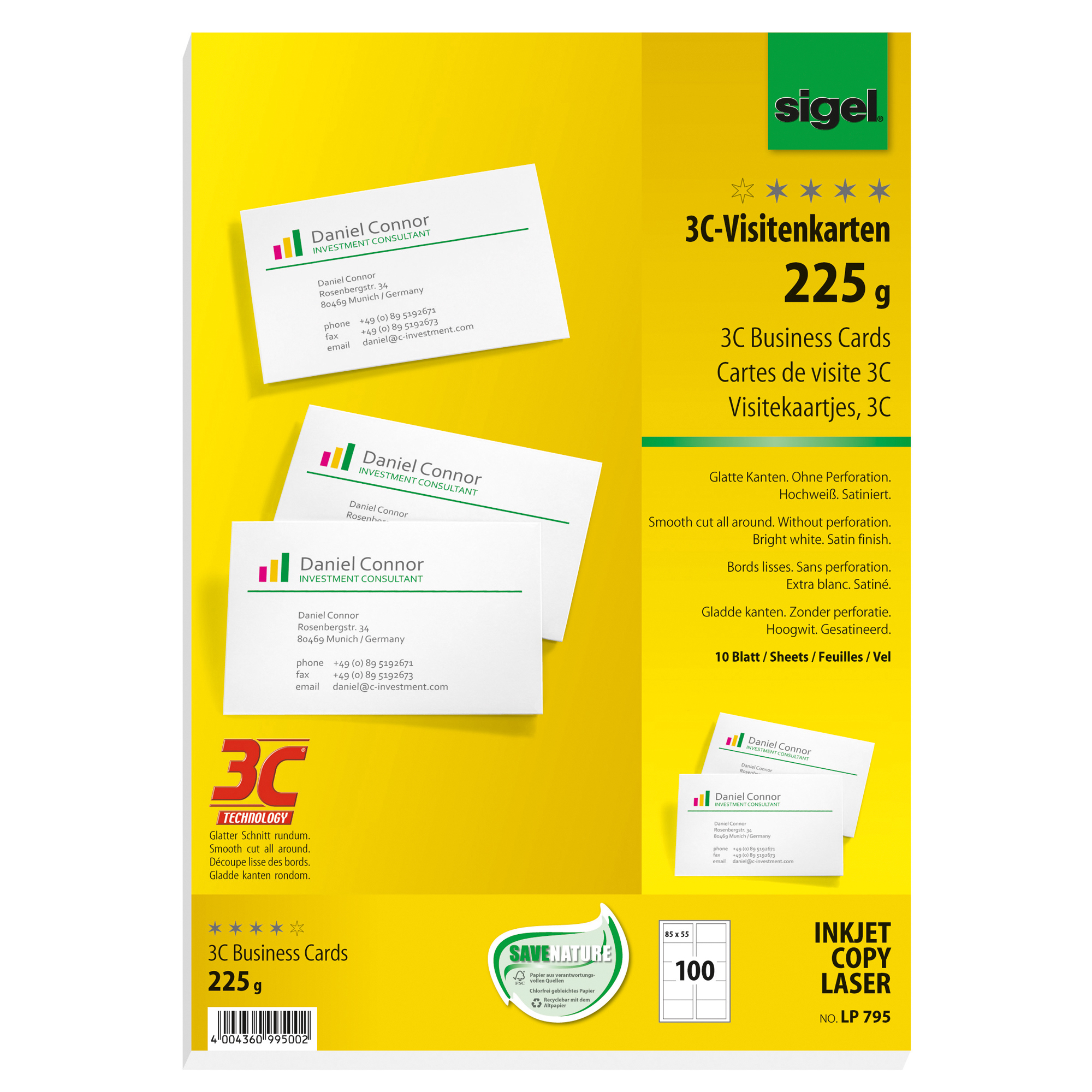 SIGEL Visitenkarte DIN A4 225g/m² hochweiß 10 Bl./Pack. 100 St./Pack.