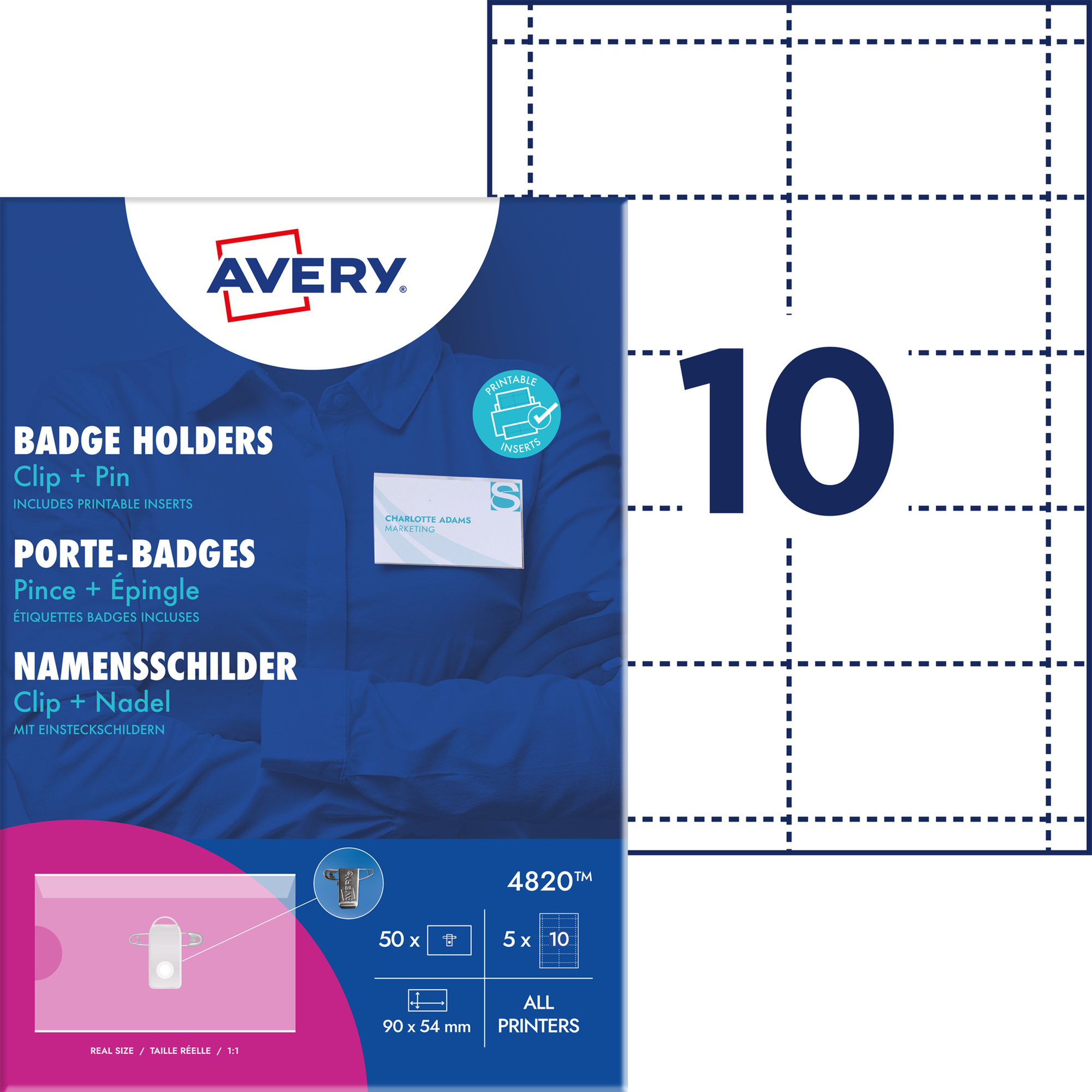 Avery Zweckform Namensschild 90 x 54 mm (B x H) inkl. 50 bedruckbare Einsteckschilder weiß Kombiklemme transparent 50 St./Pack.