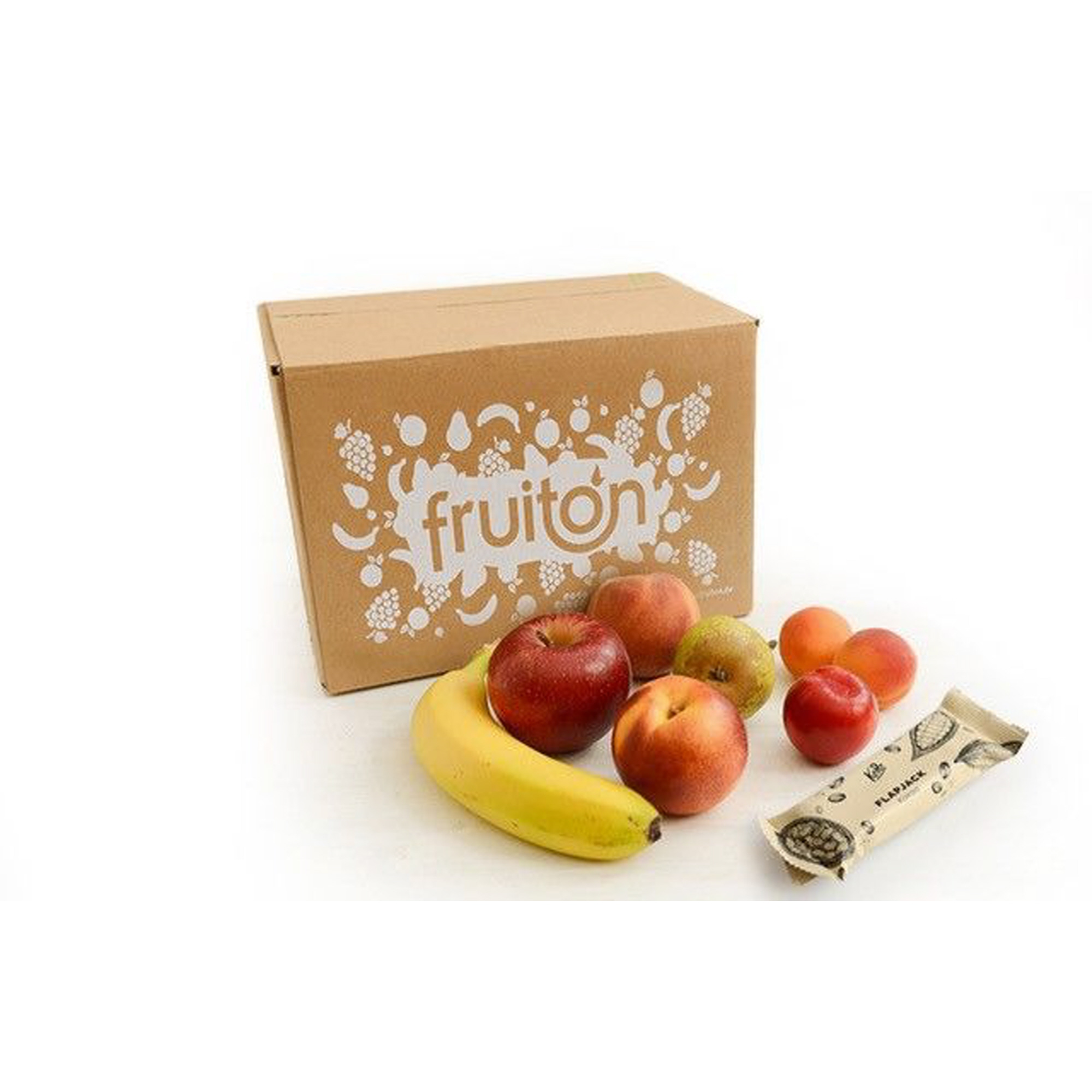 Grußbox Homeoffice Mix Box S Bananen, Äpfel, Birnen, 3 x saisonale Sorten, 1 x "Flapjack" Haferriegel mit Kakao (60 g)