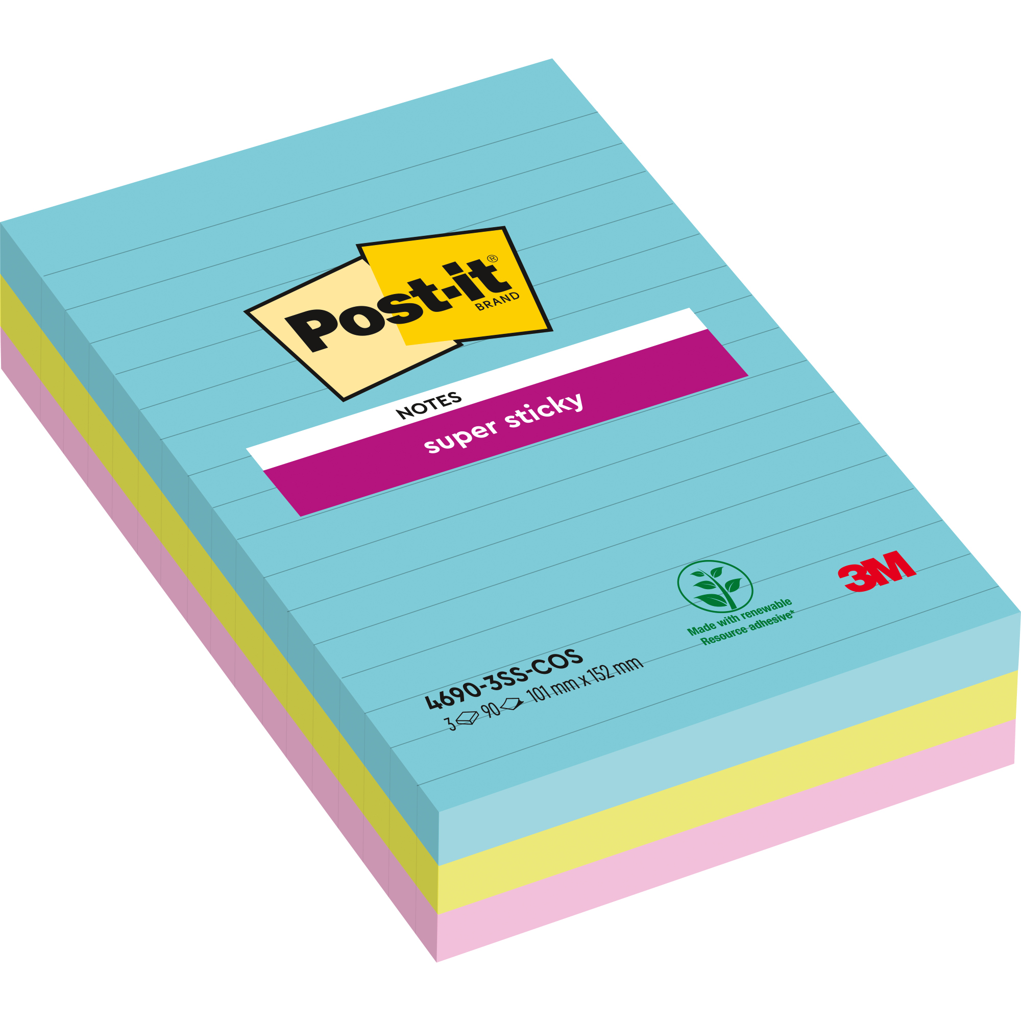 Post-it® Haftnotiz Super Sticky Notes Cosmic Collection 101 x 152 mm (B x H) türkis, neongrün, tropicalpink 90 Bl./Block 3 Block/Pack.