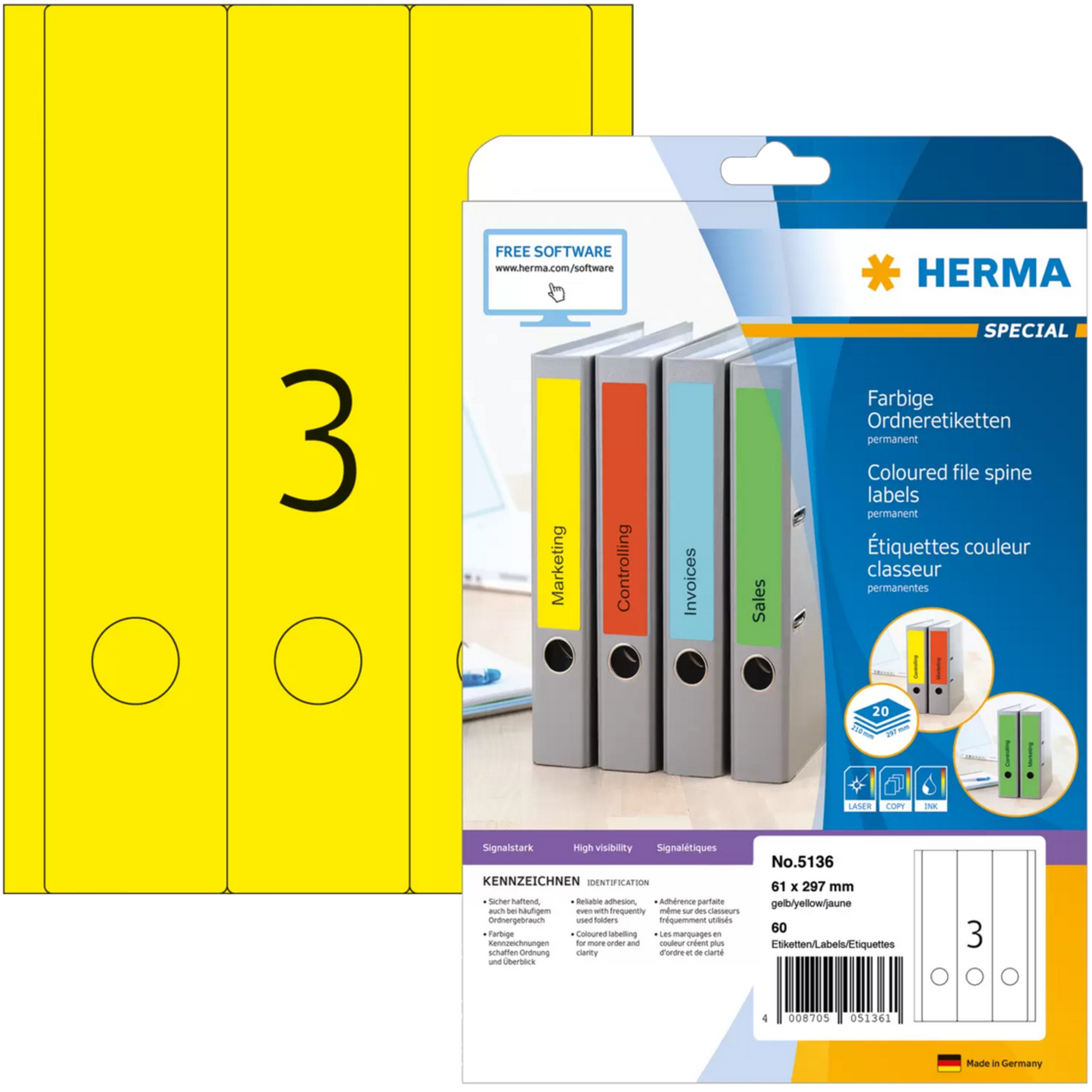 HERMA Ordnerrückenetikett breit/lang 61 x 297 mm (B x H) selbstklebend mit Griffloch gelb 60 Etik./Pack.
