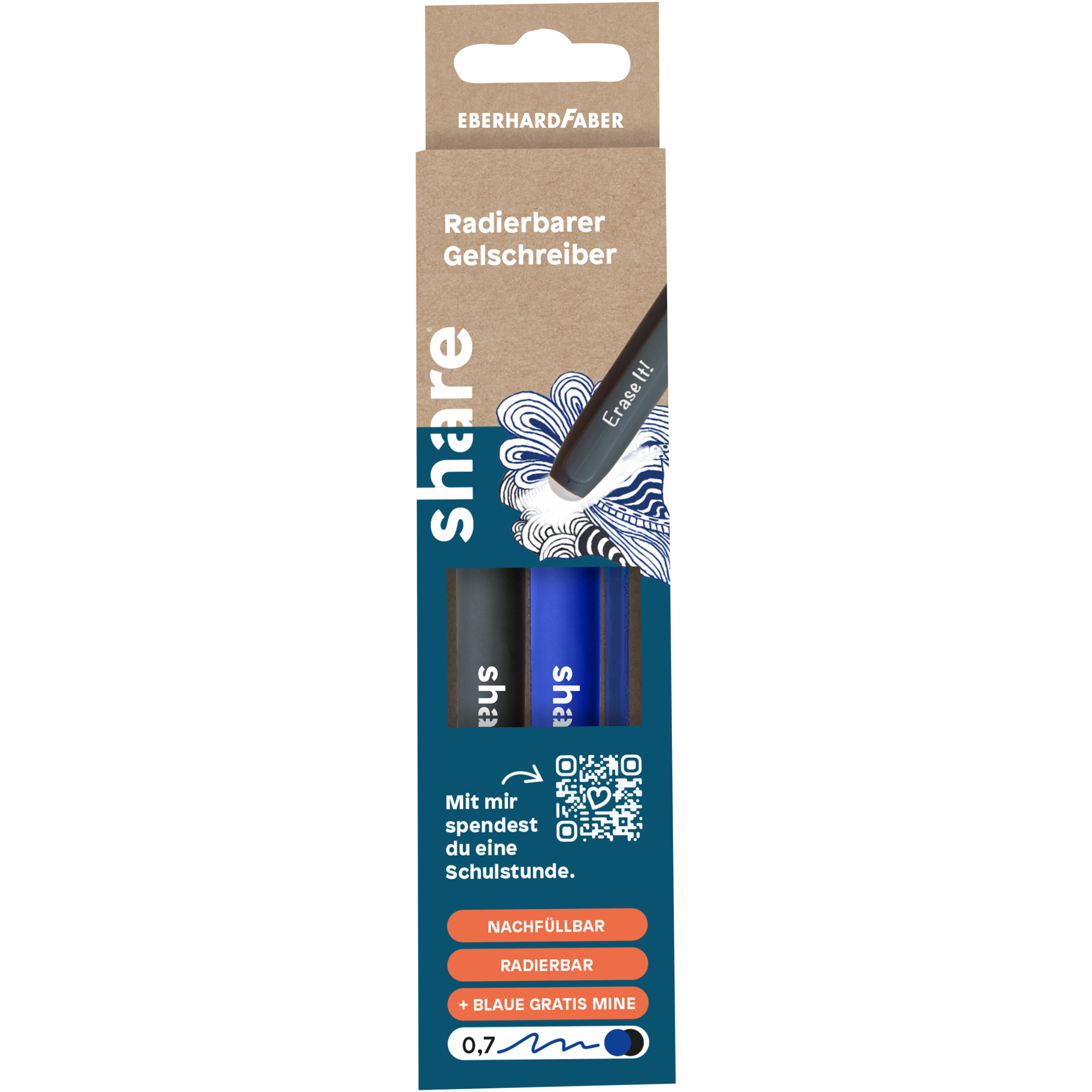 share Gelschreiber Erase it! made by Eberhard Faber 0,7mm blau, schwarz inkl. 2 Ersatzminen (blau) 2 St./Pack.