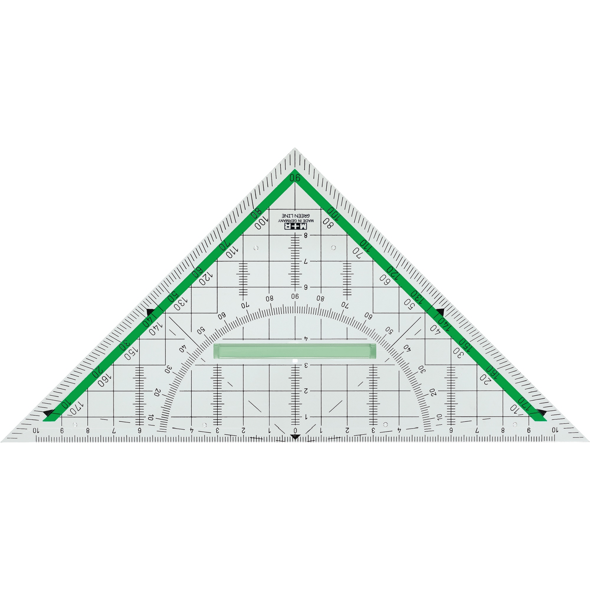 M+R Geometriedreieck GreenLine 23cm mit farbig hinterlegten Winkelgraden mit Griff Biokunststoff glasklar/grün
