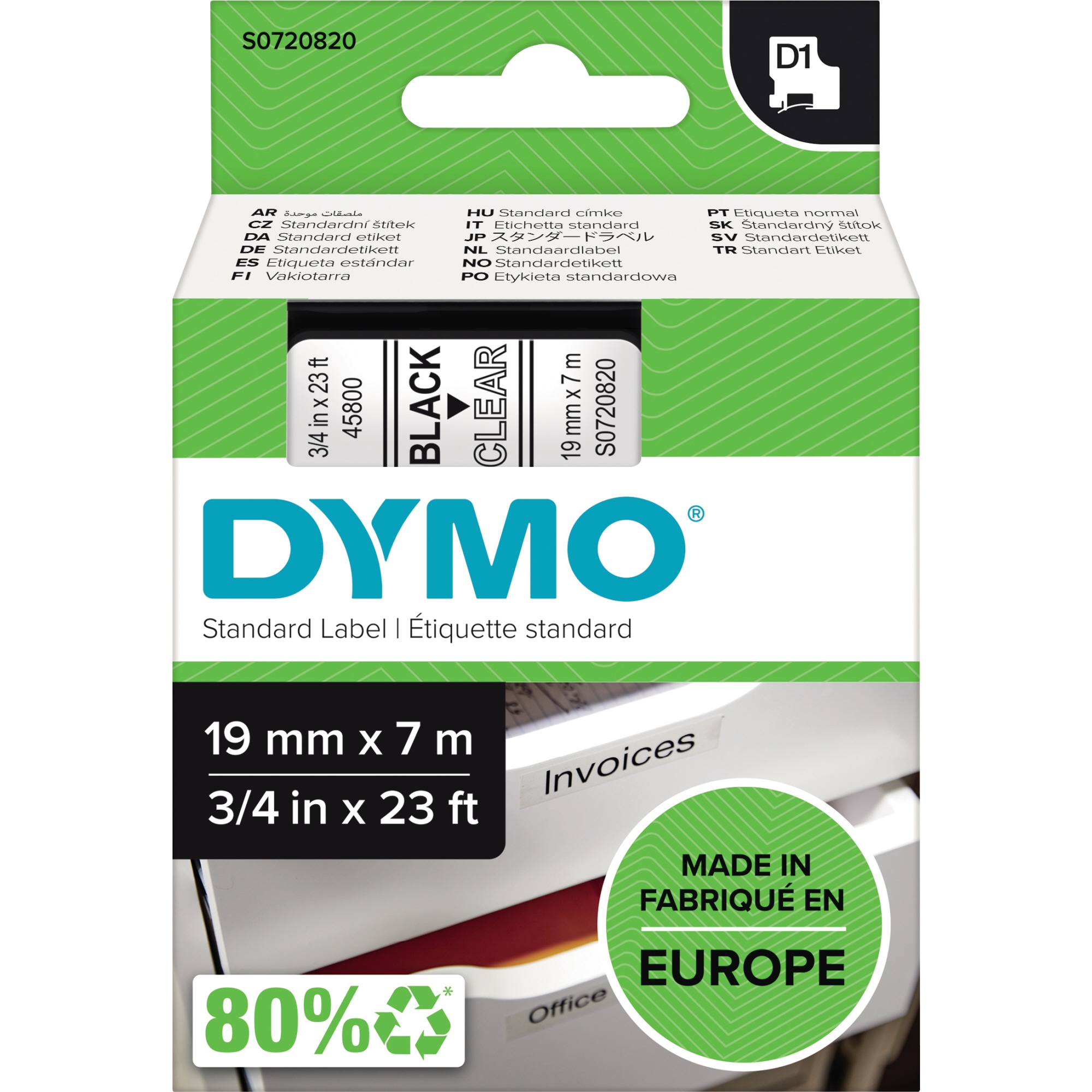 DYMO® Schriftbandkassette 19 mm x 7 m (B x L) transparent schwarz