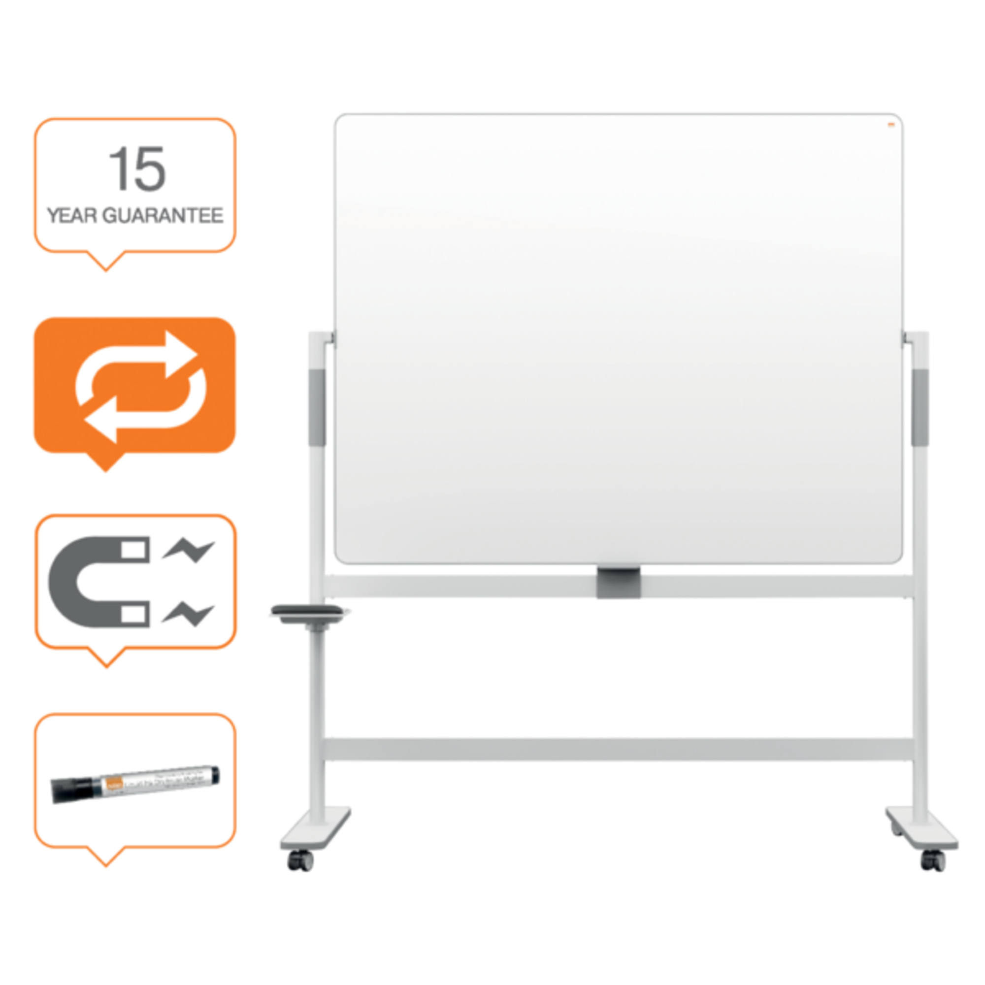Nobo® Whiteboard Move & Meet Mobil Maße der Oberfläche: 150 x 120 cm (B x H) Tafel magnethaftend beidseitig beschreibbar inkl. Whiteboardmarker Stahl lackiert weiß