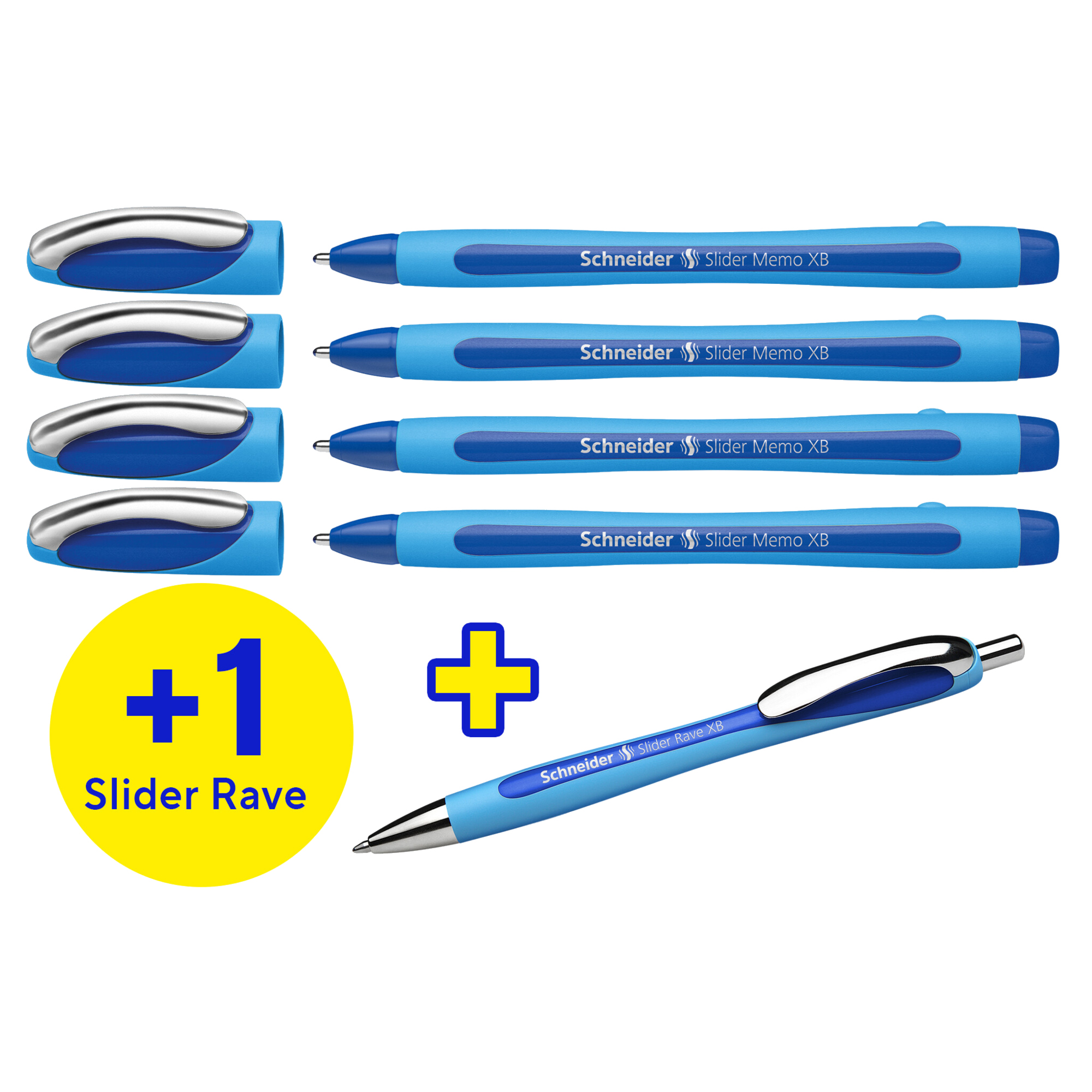 Schneider Kugelschreiber Slider Memo XB 0,7mm XB blau nicht dokumentenecht inkl. 1 x Schneider Kugelschreiber Slider Rave GRATIS Schaftfarbe: cyan/blau 4 St./Pack.