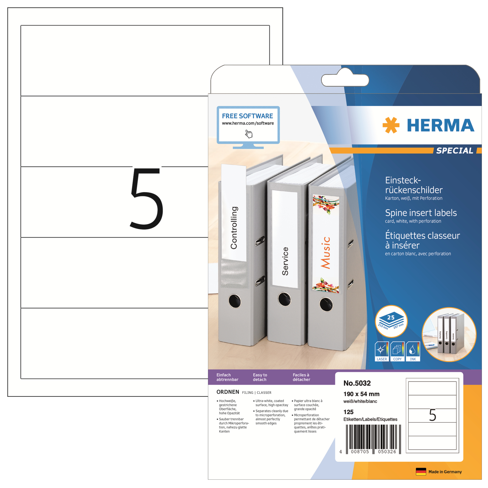 HERMA Rückenschild breit/kurz 54 x 190 mm (B x H) weiß 125 St./Pack.