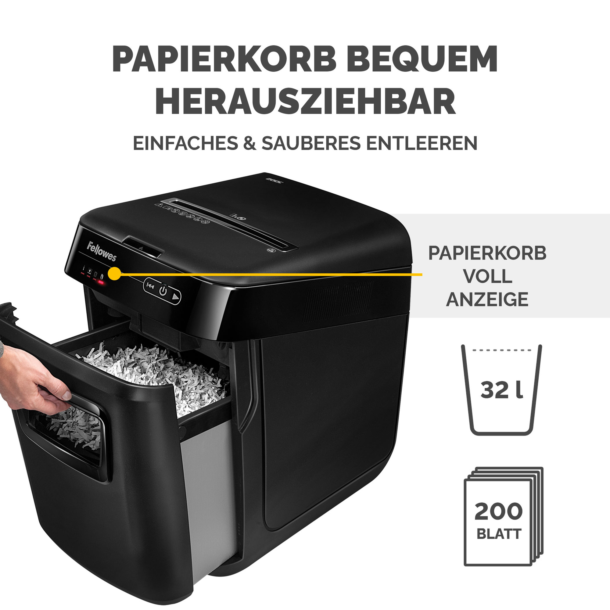 Fellowes® Aktenvernichter AutoMax™ 200C P-4 Papier, Heftklammern, Büroklammern, Kreditkarten, CDs/DVDs Partikelschnitt 10 Bl. manuell, 200 Bl. automatisch schwarz