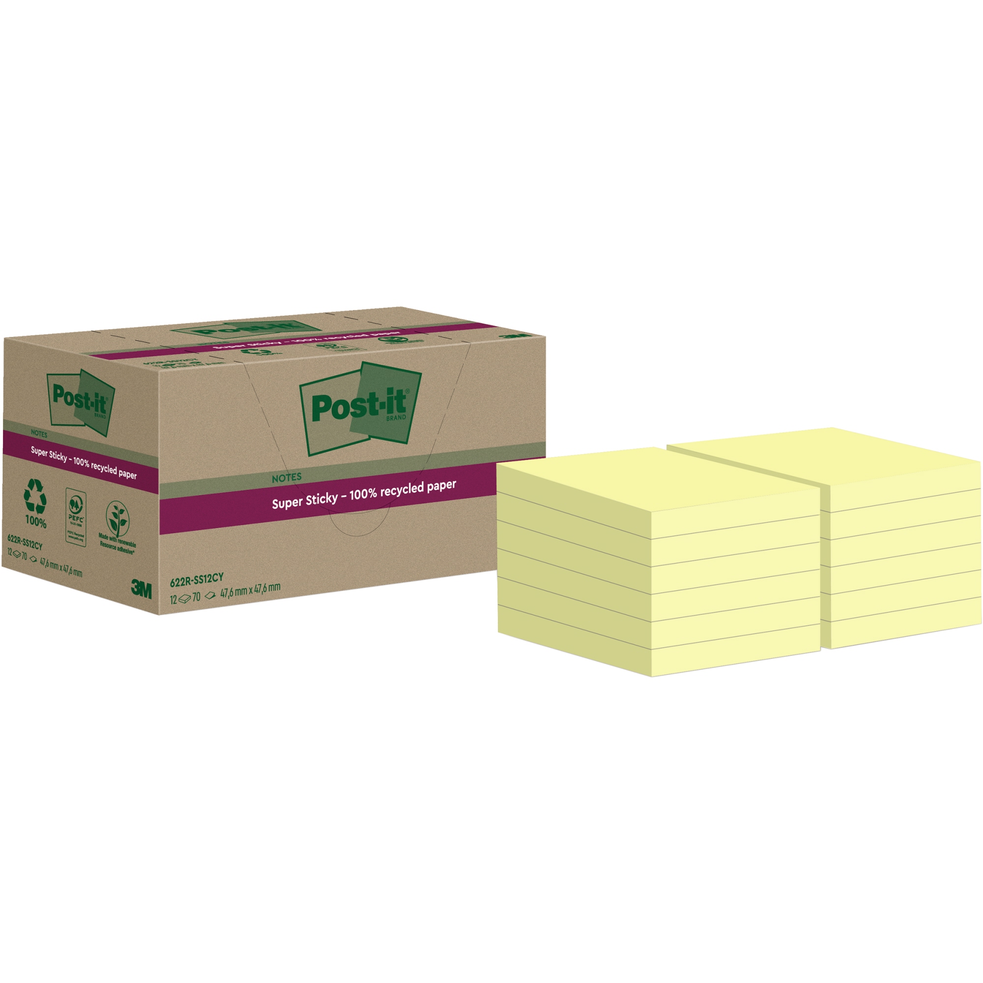 Post-it® Haftnotiz Super Sticky Recycling Notes 47,6 x 47,6 mm (B x H) gelb 70 Bl./Block 12 Block/Pack.