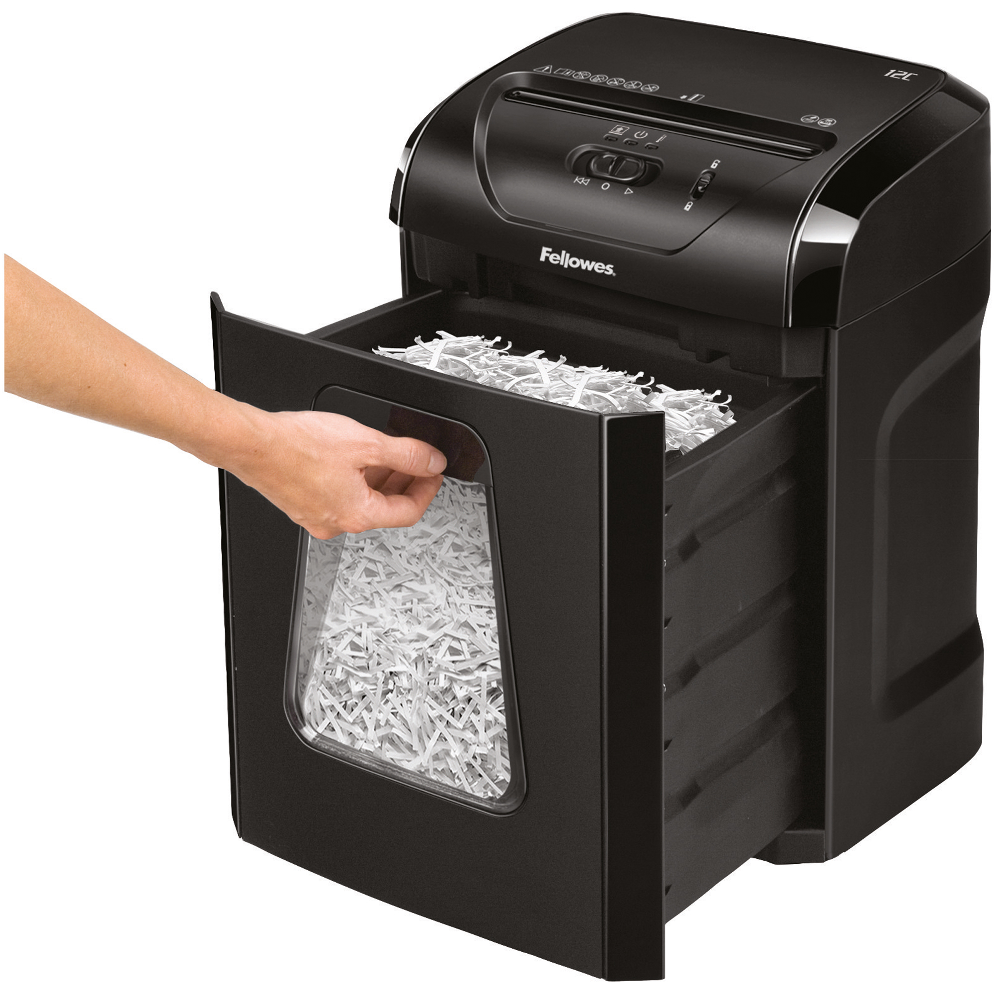 Fellowes® Aktenvernichter Powershred® 12C P-4 Papier, Heftklammern, Büroklammern, Kreditkarten Partikelschnitt 12 Bl. schwarz