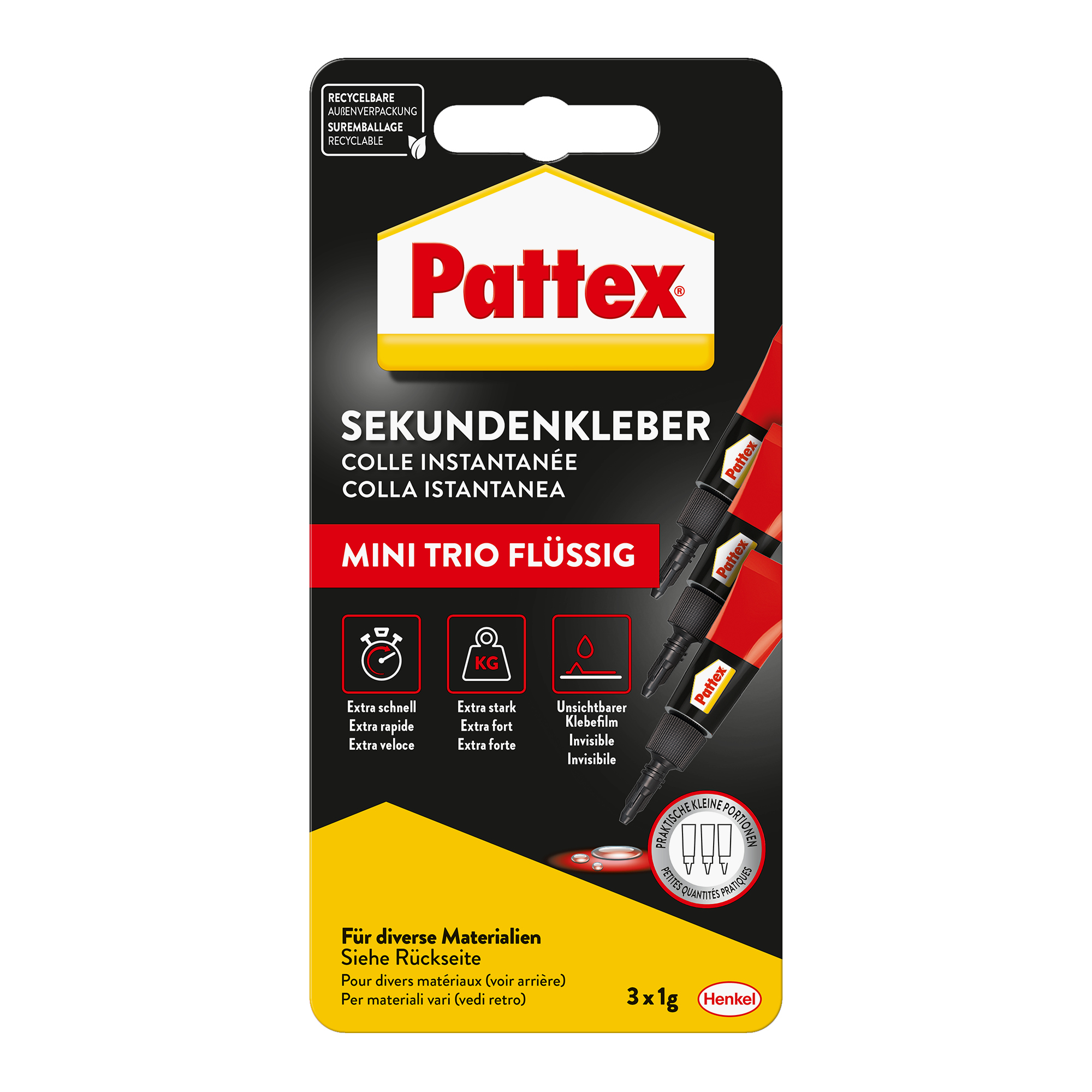 Pattex Sekundenkleber MINI TRIO Kunststoff, Porzellan, Keramik 3 x 1 g/Pack.