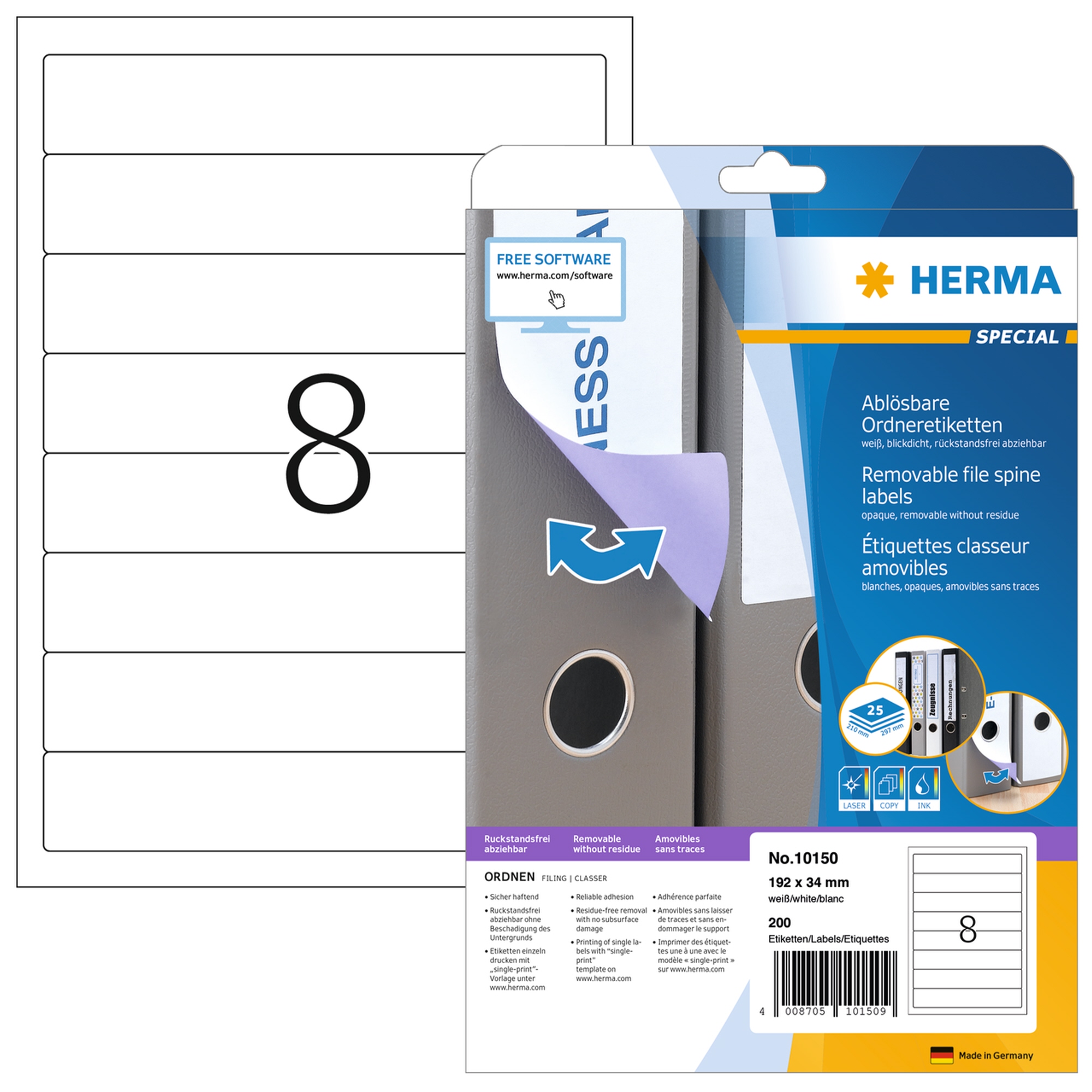 HERMA Ordnerrückenetikett schmal/kurz 34 x 192 mm (B x H) selbstklebend ohne Griffloch weiß 200 Etik./Pack.