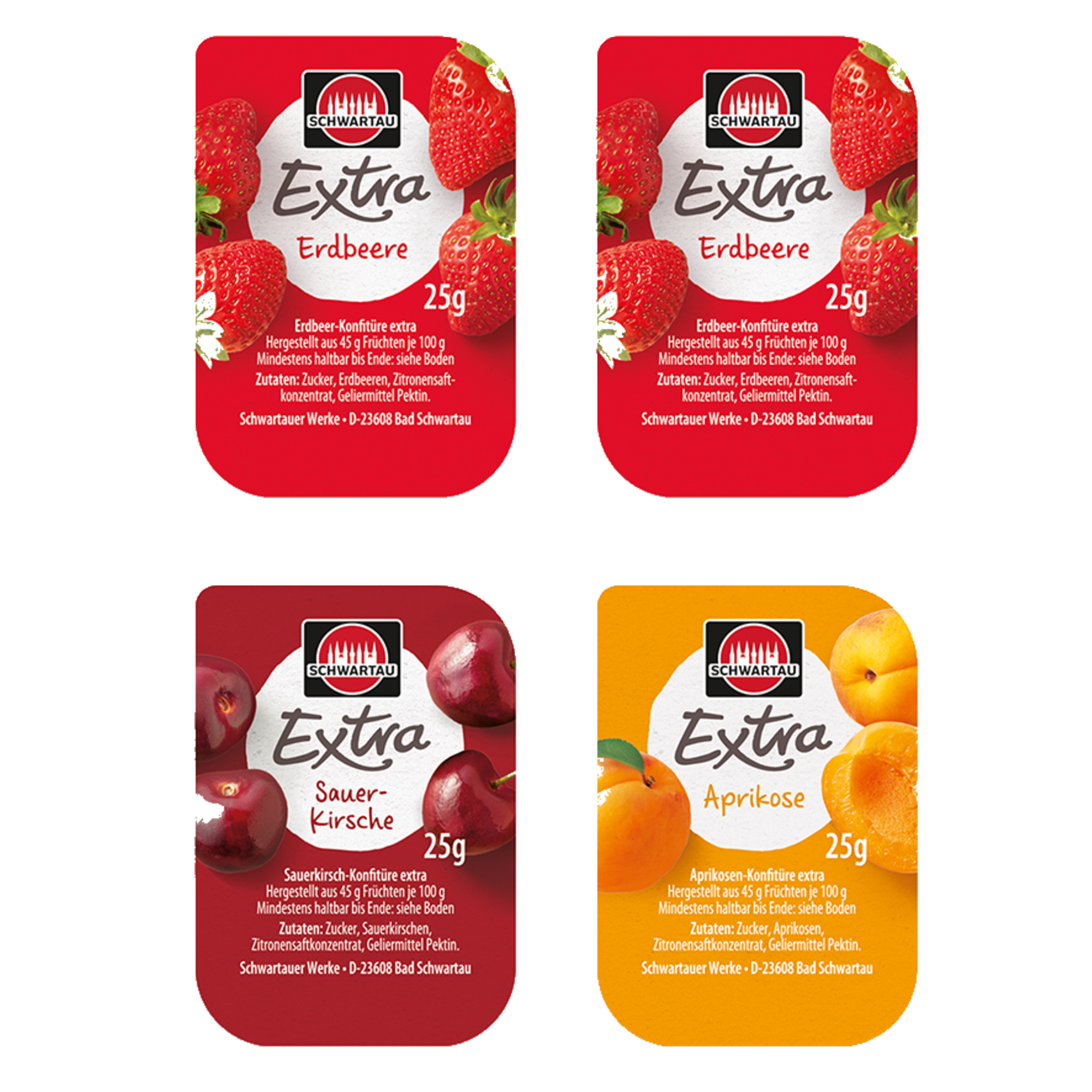 Schwartau Brotaufstrich Extra Konfitüre 50 x Erdbeere, 25 x Aprikose, 25 x Sauerkirsche Portionsschale 100 x 25 g/Pack.
