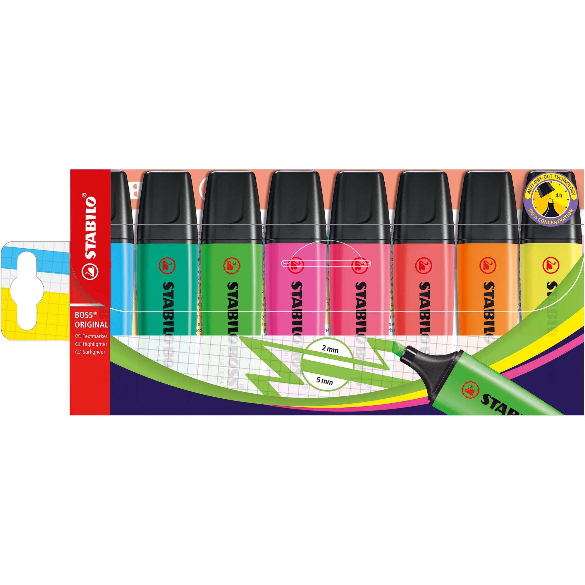 STABILO® Textmarker BOSS® ORIGINAL 2-5mm farbig sortiert Keilspitze 8 St./Pack.