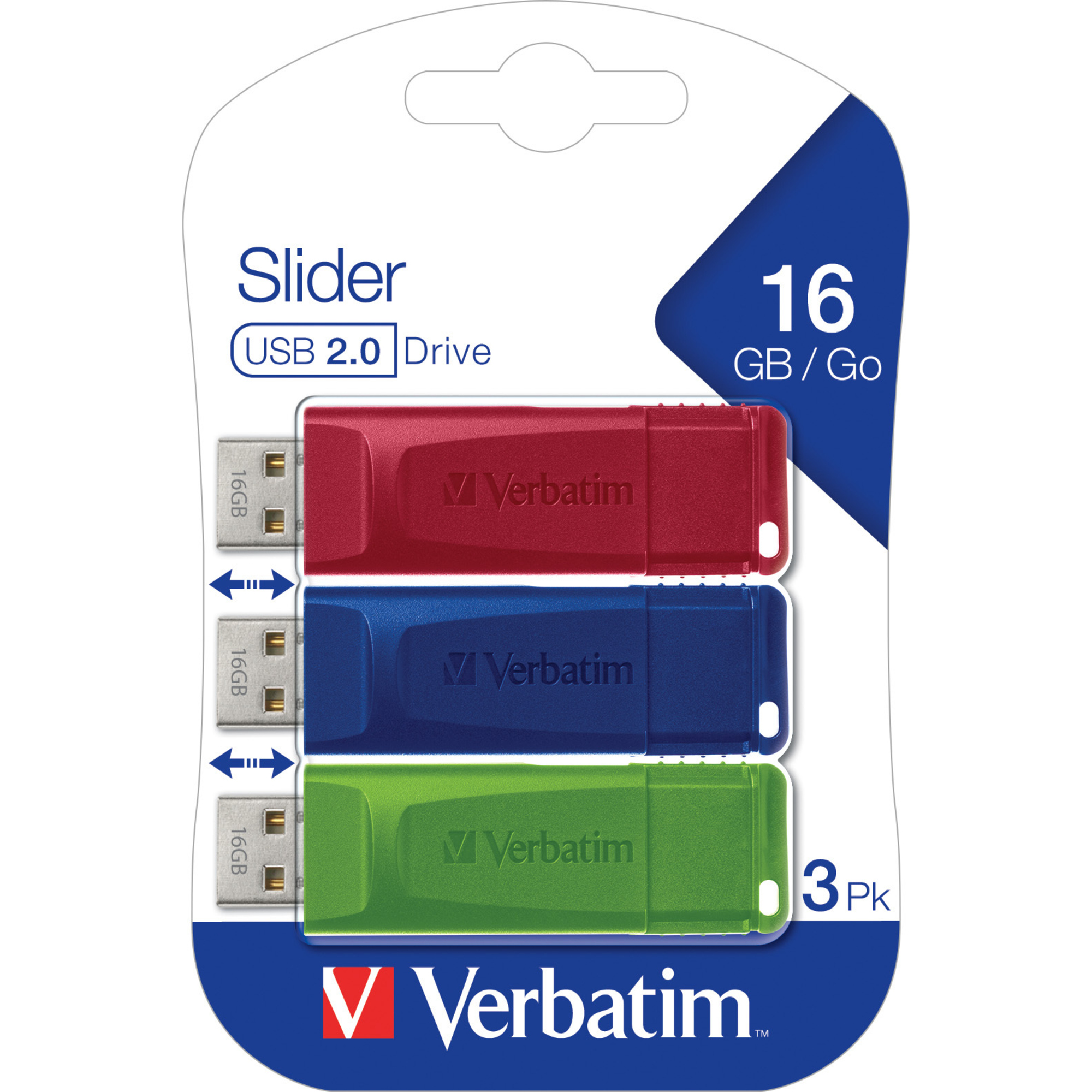 Verbatim USB-Stick Slider USB 2.0 16Gbyte rot, blau, grün 3 St./Pack.
