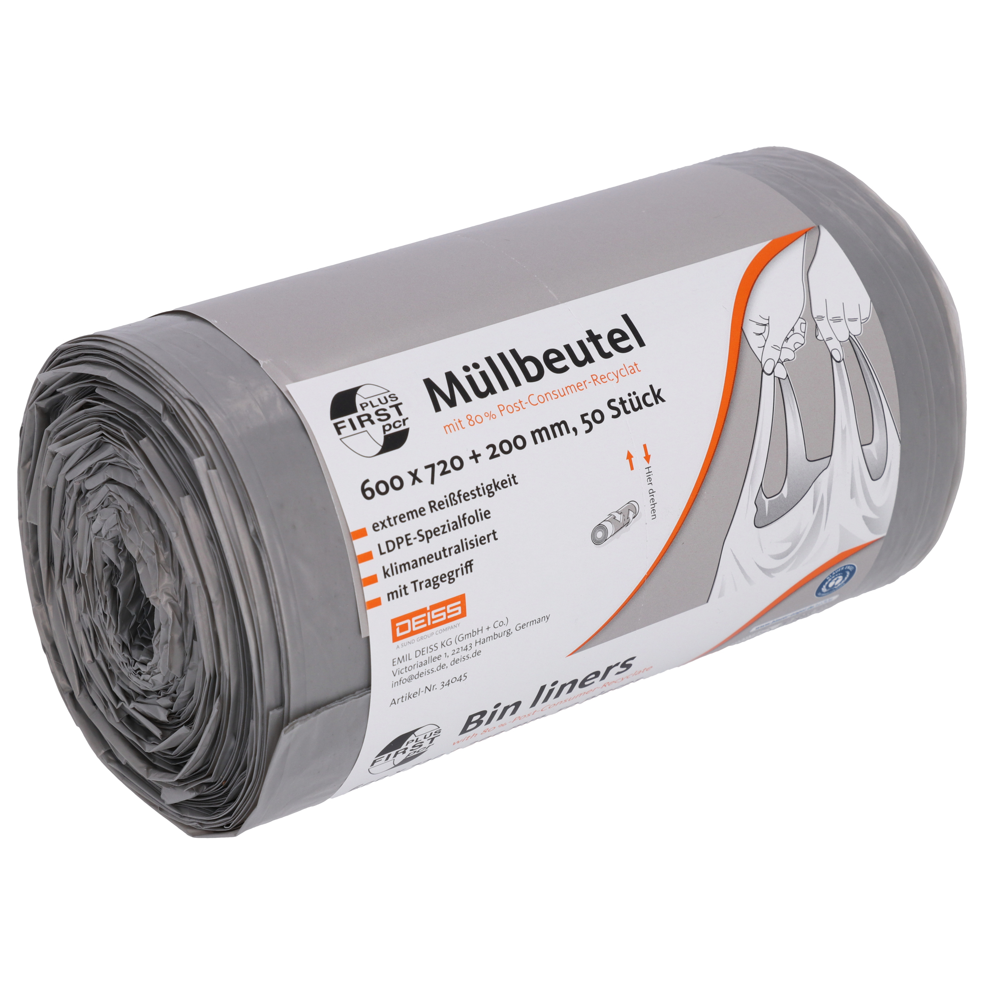 FIRST PLUS Müllbeutel 60 x 72+20 cm (B x H) 60l LDPE, 80 % recycelt grau 50 St./Pack.