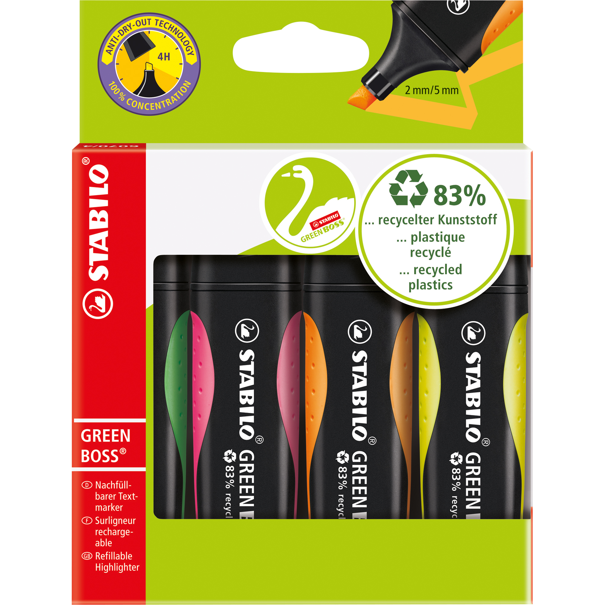 STABILO® Textmarker GREEN BOSS® 2-5mm farbig sortiert Keilspitze 4 St./Pack.