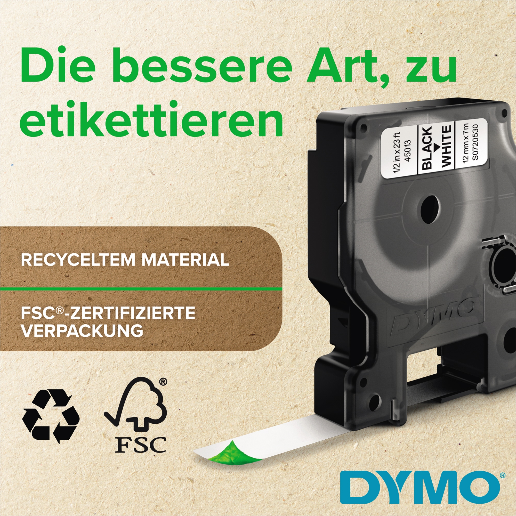 DYMO® Schriftbandkassette 12 mm x 7 m (B x L) schwarz weiß